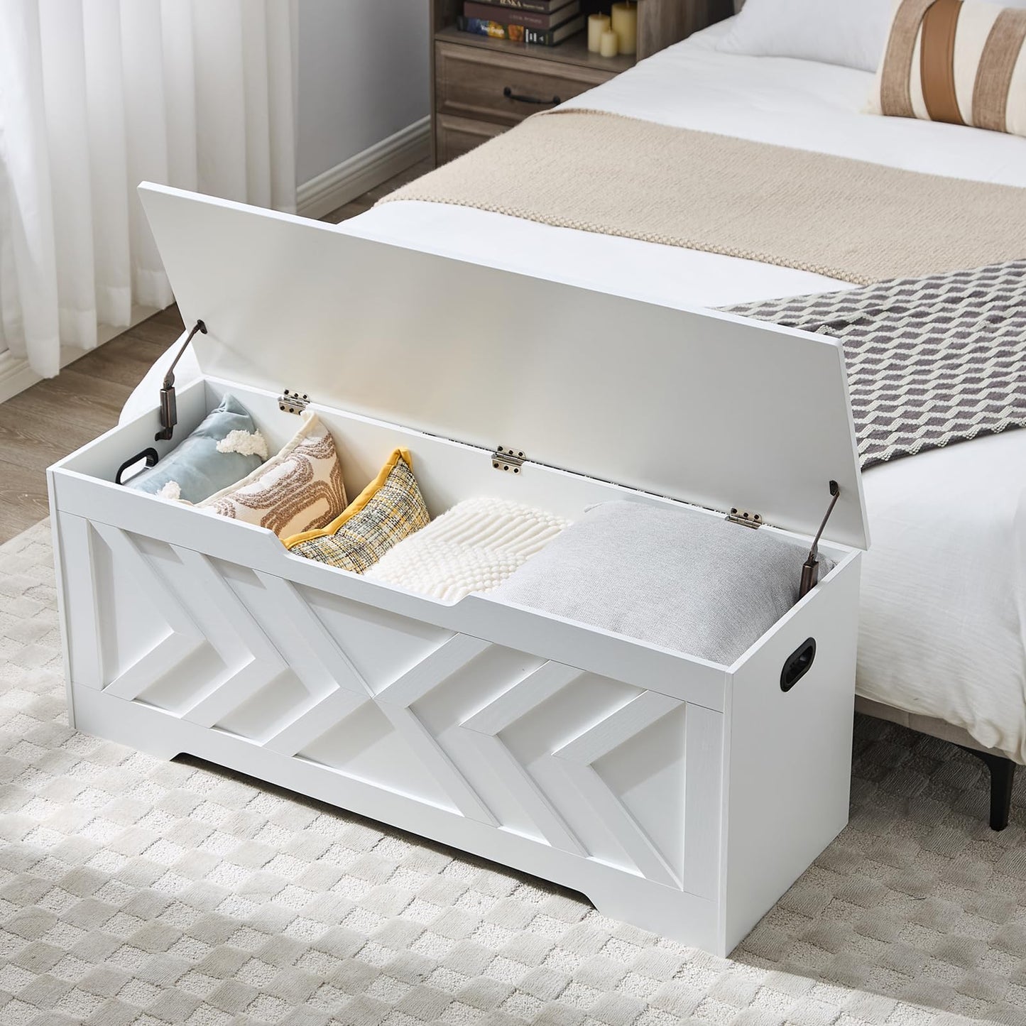 47.2” Storage Bench,Extra Large Wooden Storage Chest with 2 Safety Hinges,entryway Bench,Blanket Storage,Shoe Storage Bench for Entryway,Bedroom,Living Room,Easy Assembly.-Greige