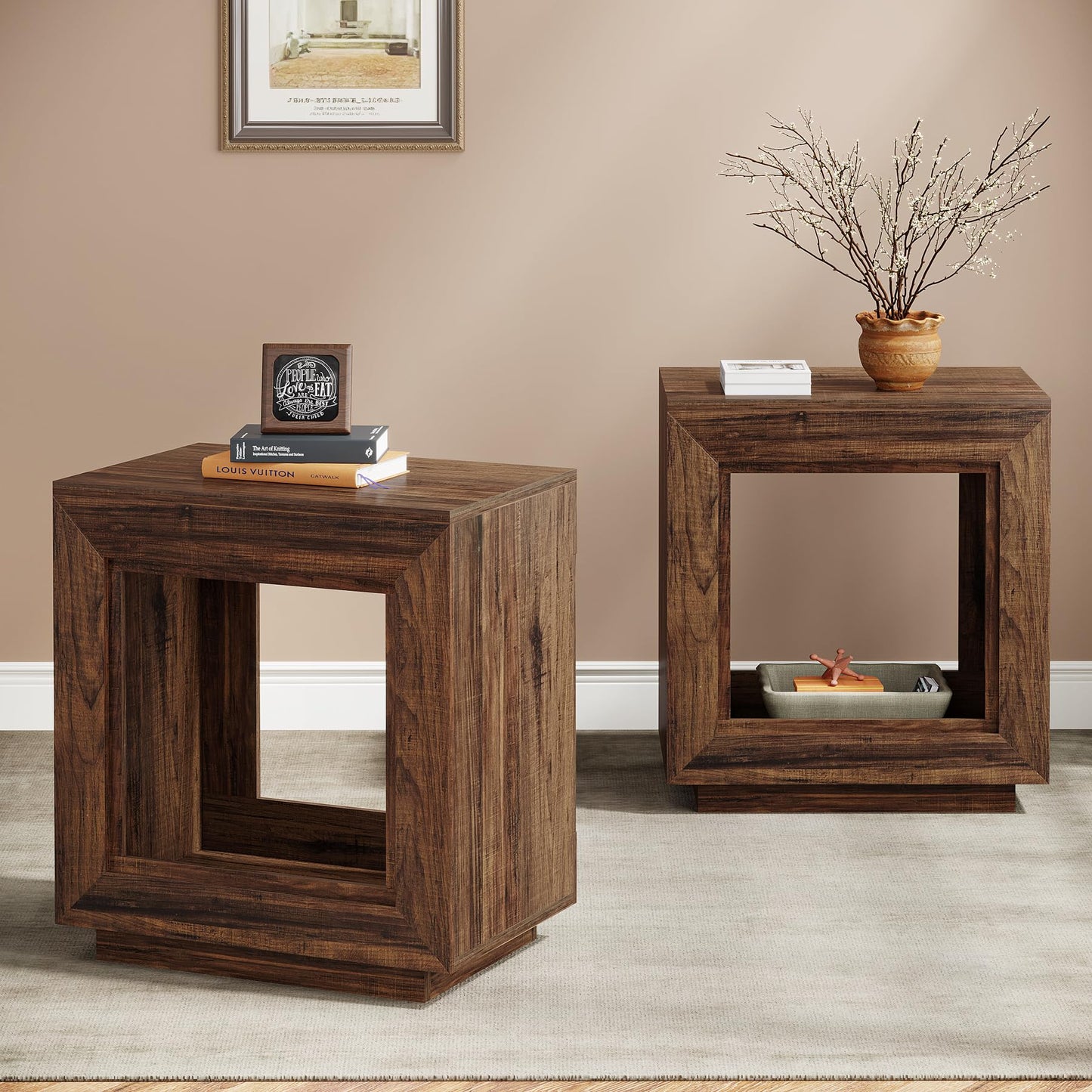 Tribesigns Rustic Wood End Table, 2 Tiered Square Side Table with Storage Shelf, Industrial Sofa Side Table for Living Room, Entrance (Rustic Brown) (1)
