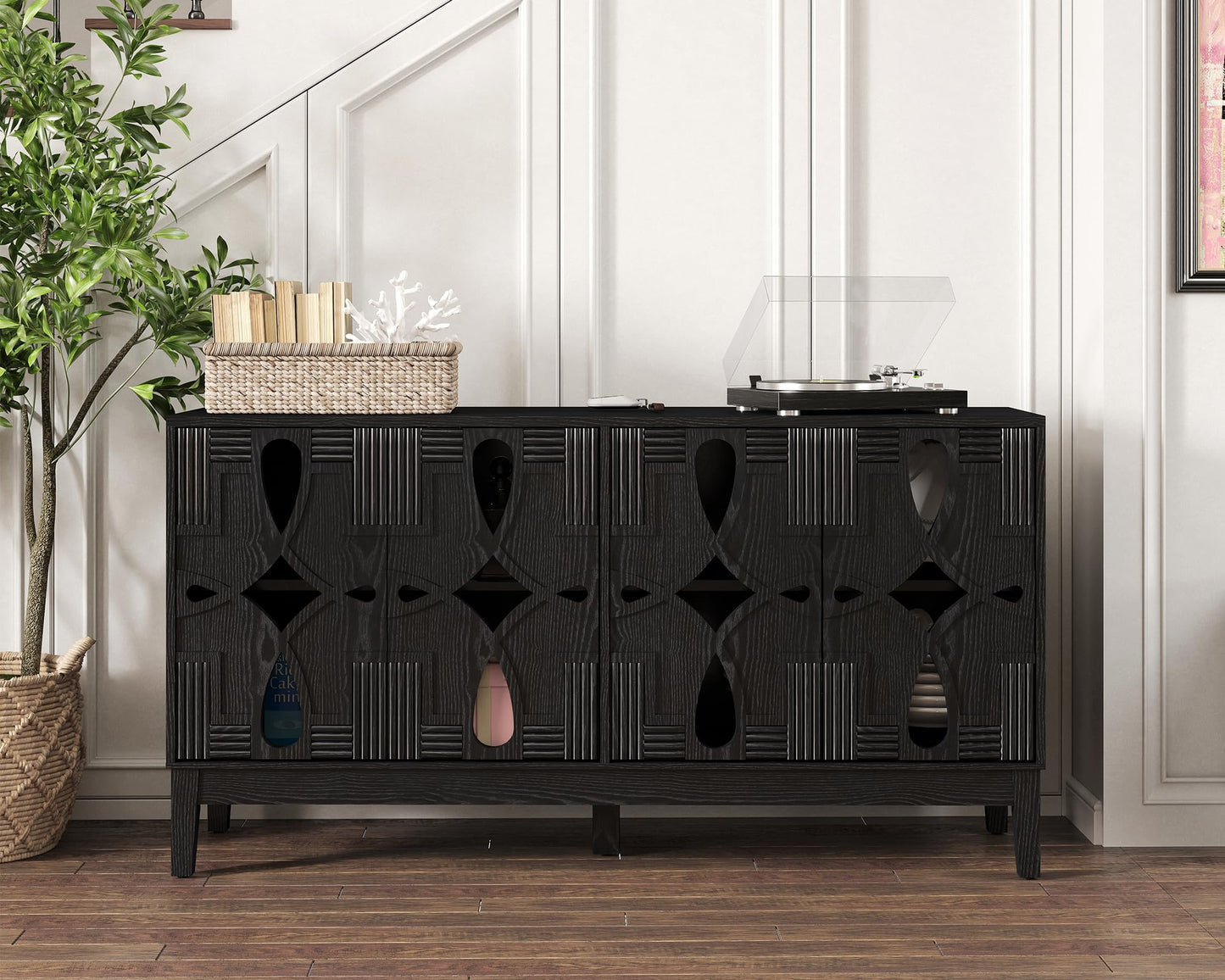 LKTART 60" Mid Century Modern Sideboard Buffet with Hollow Carved Doors and Outlet Holes,Vintage Accent Cabinet Credenzas Storage Cabinet Walnut