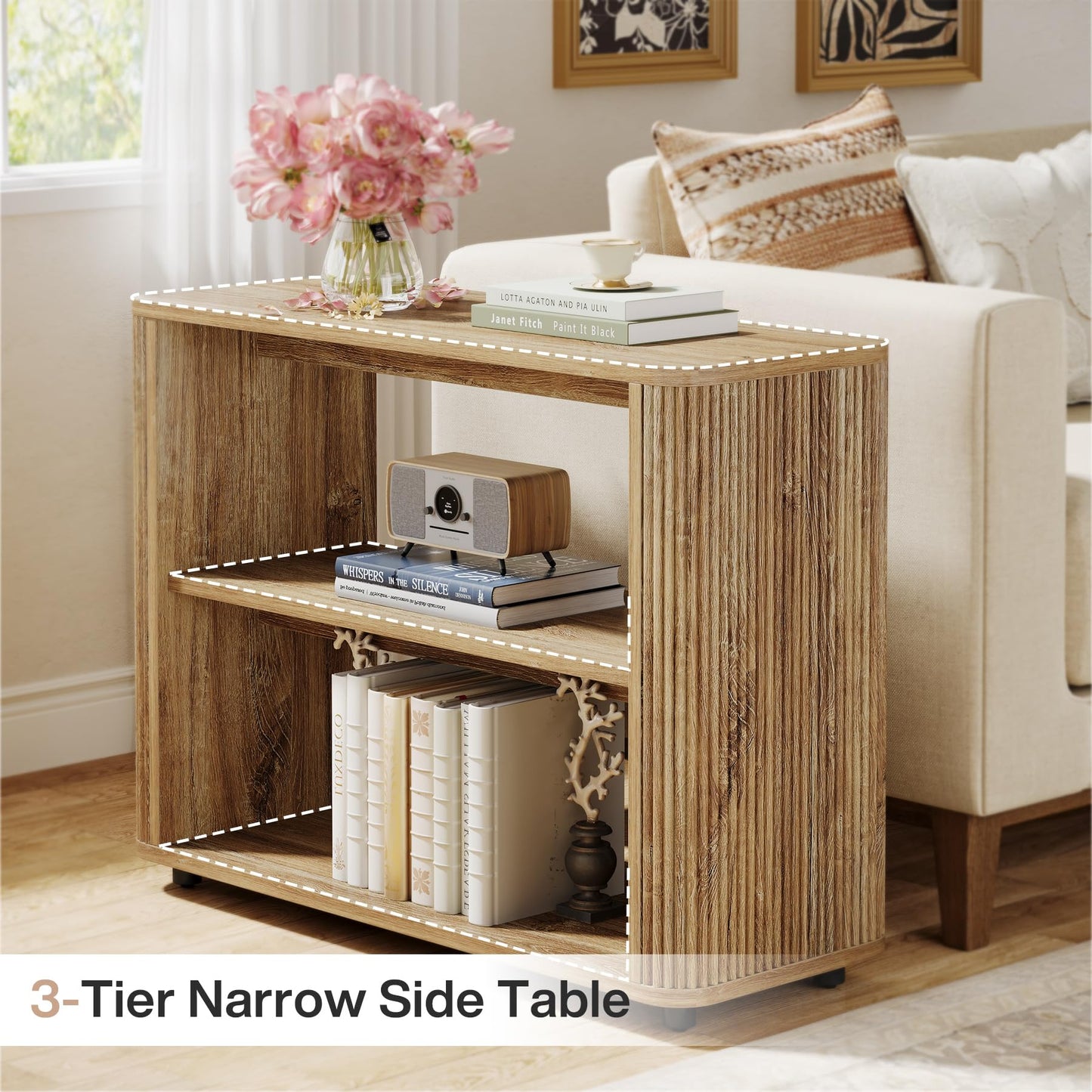 Tribesigns Narrow Side Table, 3-Tier End Table for Living Room, Small Fluted Nightstand with Storage Shelves, Farmhouse Bedside Table for Bedroom, Small Spaces, Sofa Couch, Dark Walnut