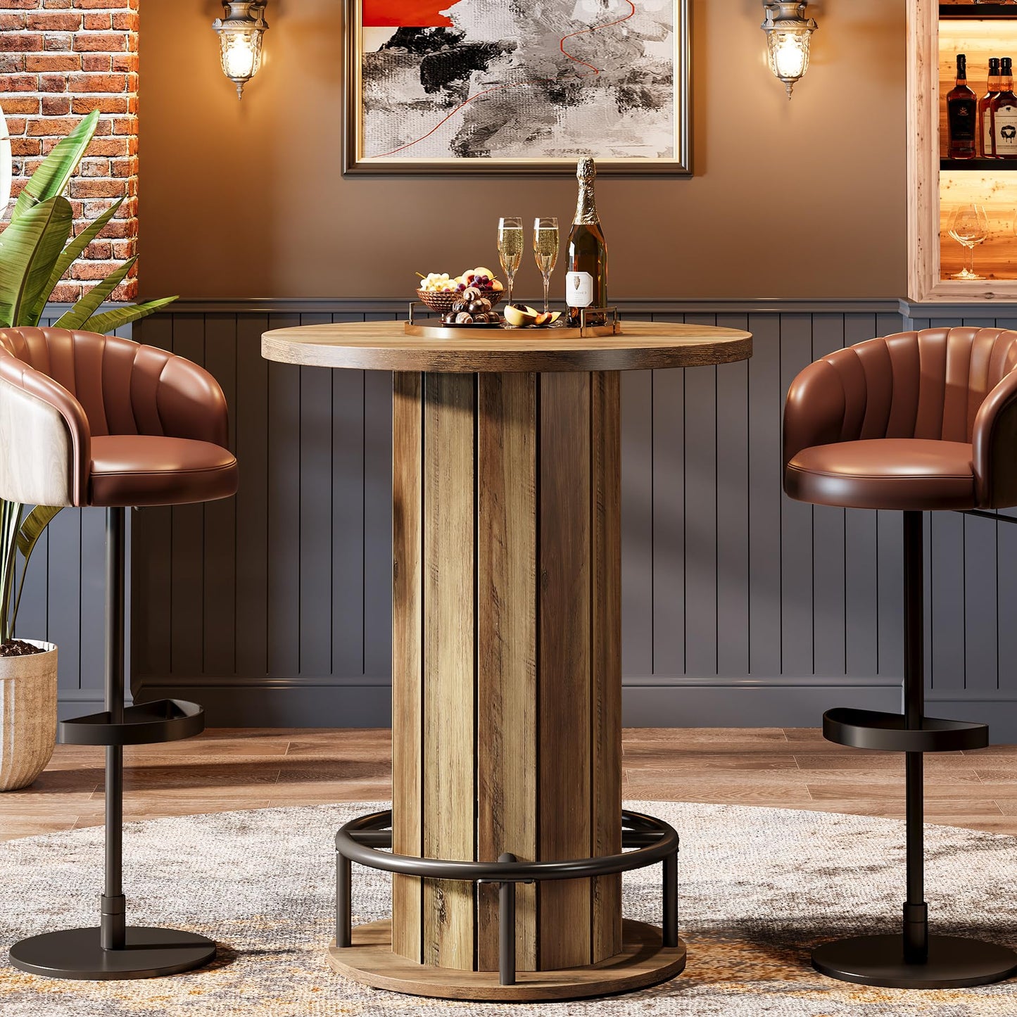 Tribesigns Round Bar Table, 39.4" H Wood Bistro Pub Table with Metal Ring Footrest for Dining Coffee Cocktail Living Room, Small Space, Black (Only Table)
