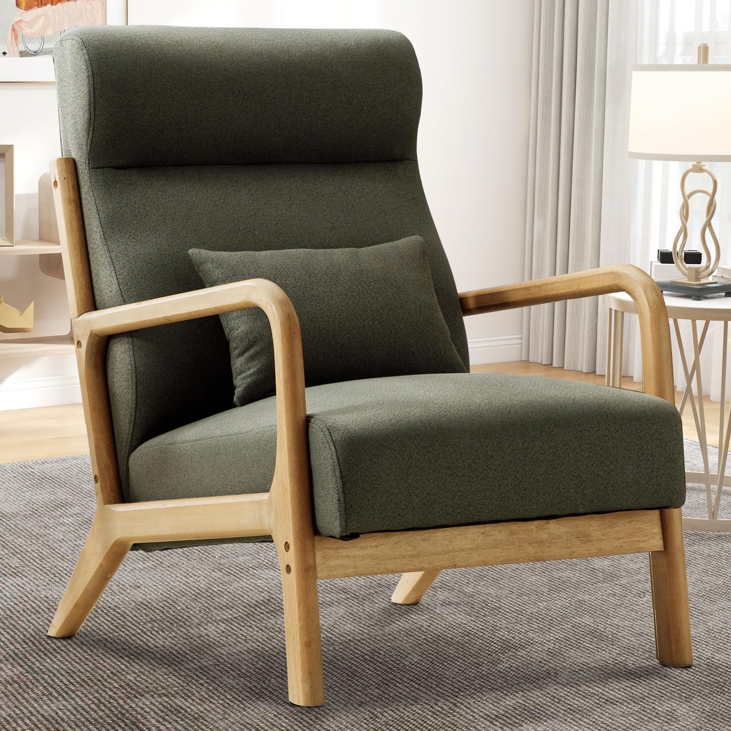 IOMOR Accent Chair Mid Century Modern Chair Linen Fabric Living Room Chairs with Solid Wood Frame Comfy Upholstered and Lumbar Pillow Reading Side Chair Easy Assembly for Bedroom Room (1, Linen Green)