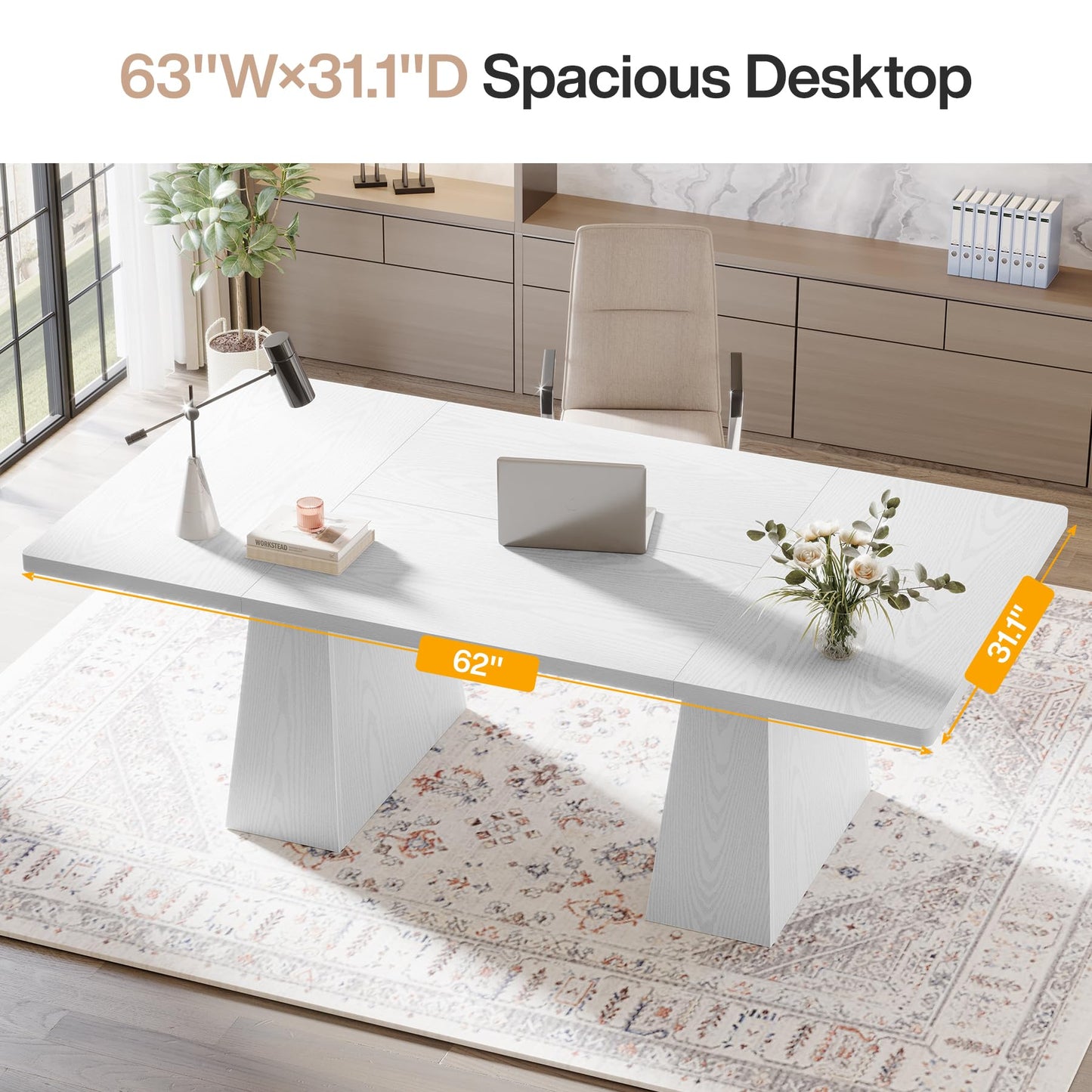 Tribesigns 63-Inch Executive Desk, Large Office Computer Desk with Double Pedestal, Modern Simple Workstations Writing Table Conference Table Business Furniture for Home Office, Light Brown