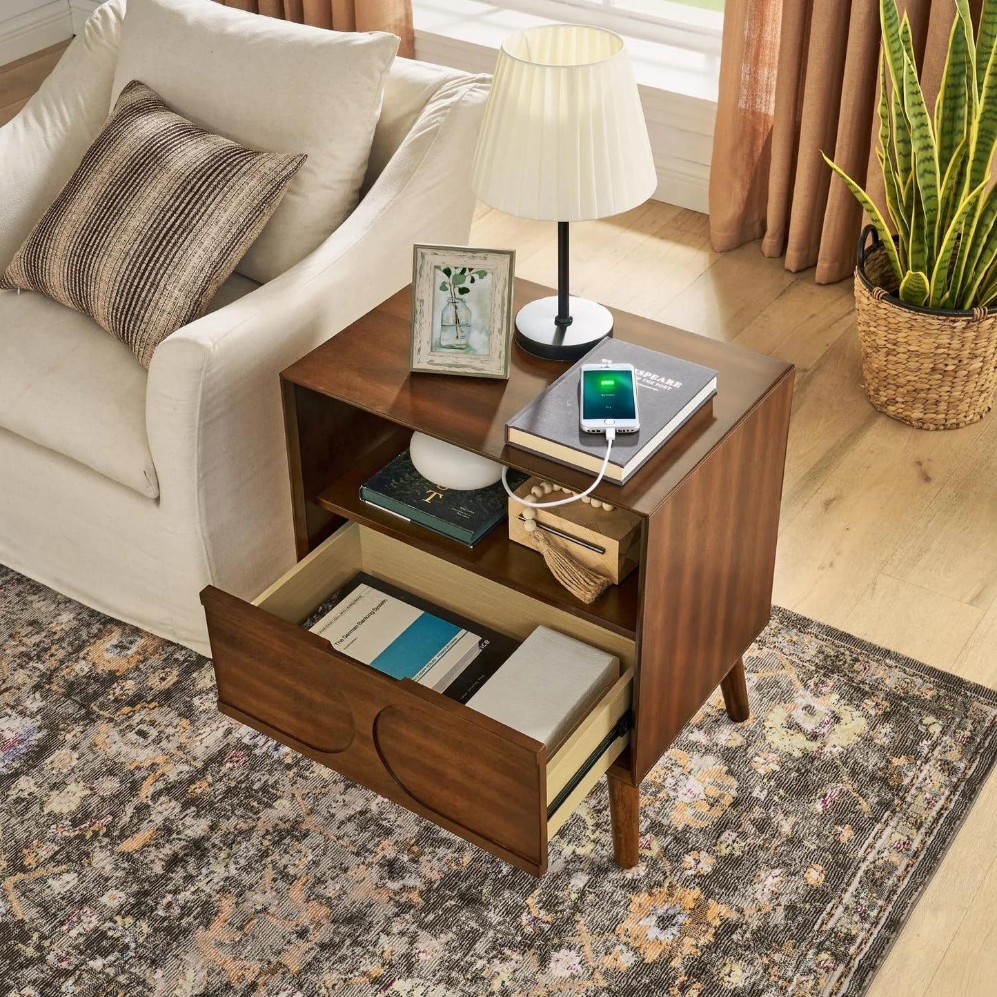LKTART Night Stand with Charger Station, Wood Bed Side Table with Drawers,Mid Century Modern Nightstand with Solid Wood Feet,End Tables for Bedroom Walnut