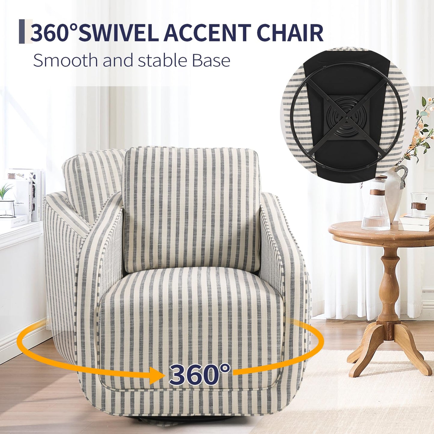 IOMOR Swivel Barrel Accent Chair, 360 Degree Comfy Swivel Reading Chair with Removable Back, Modern Sofa Chair with Oversize Base for Living Room, Bedroom, Office, Fully Assembled (1, Blue Stripe)