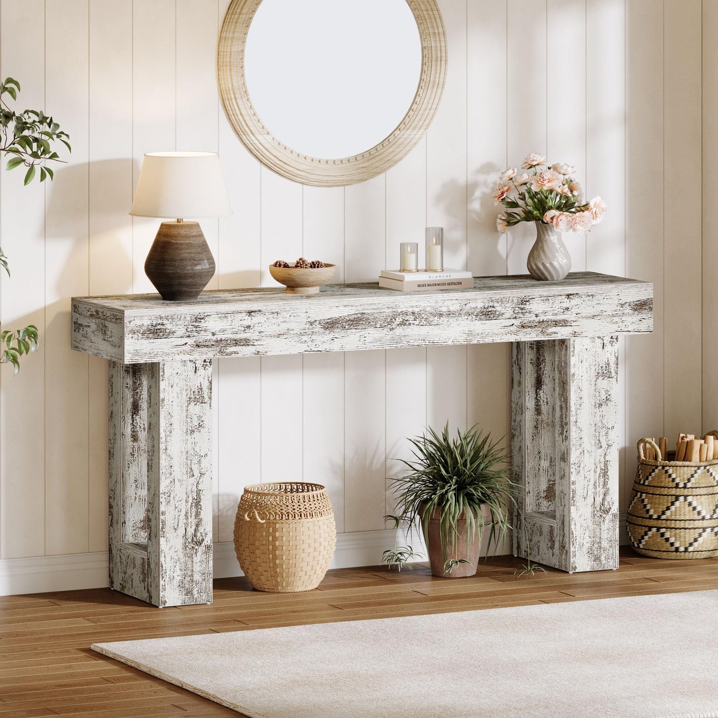 Tribesigns Farmhouse Console Table, 63-Inch Long Narrow Sofa Table Behind The Couch, Wooden Rectangular Entryway Table for Entrance, Hallway, Living Room (Natural)