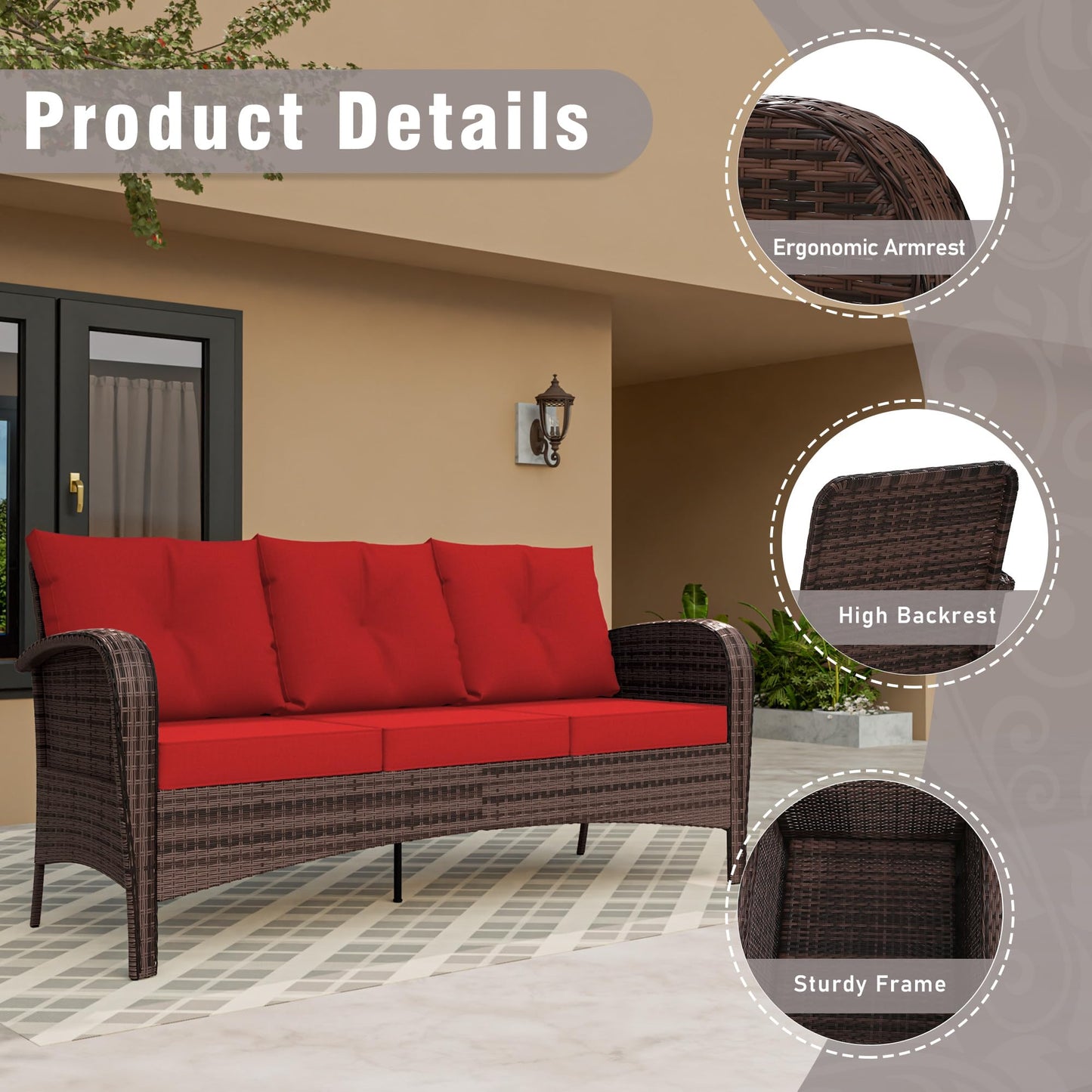 4 Piece Patio Conversation Set - 2 Swivel Chairs 1 Coffee Table 3-Seater Sofa, PE Wicker & Steel Patio Furniture with Heavy-Duty Steel Frame,Weatherproof Cushions, Red