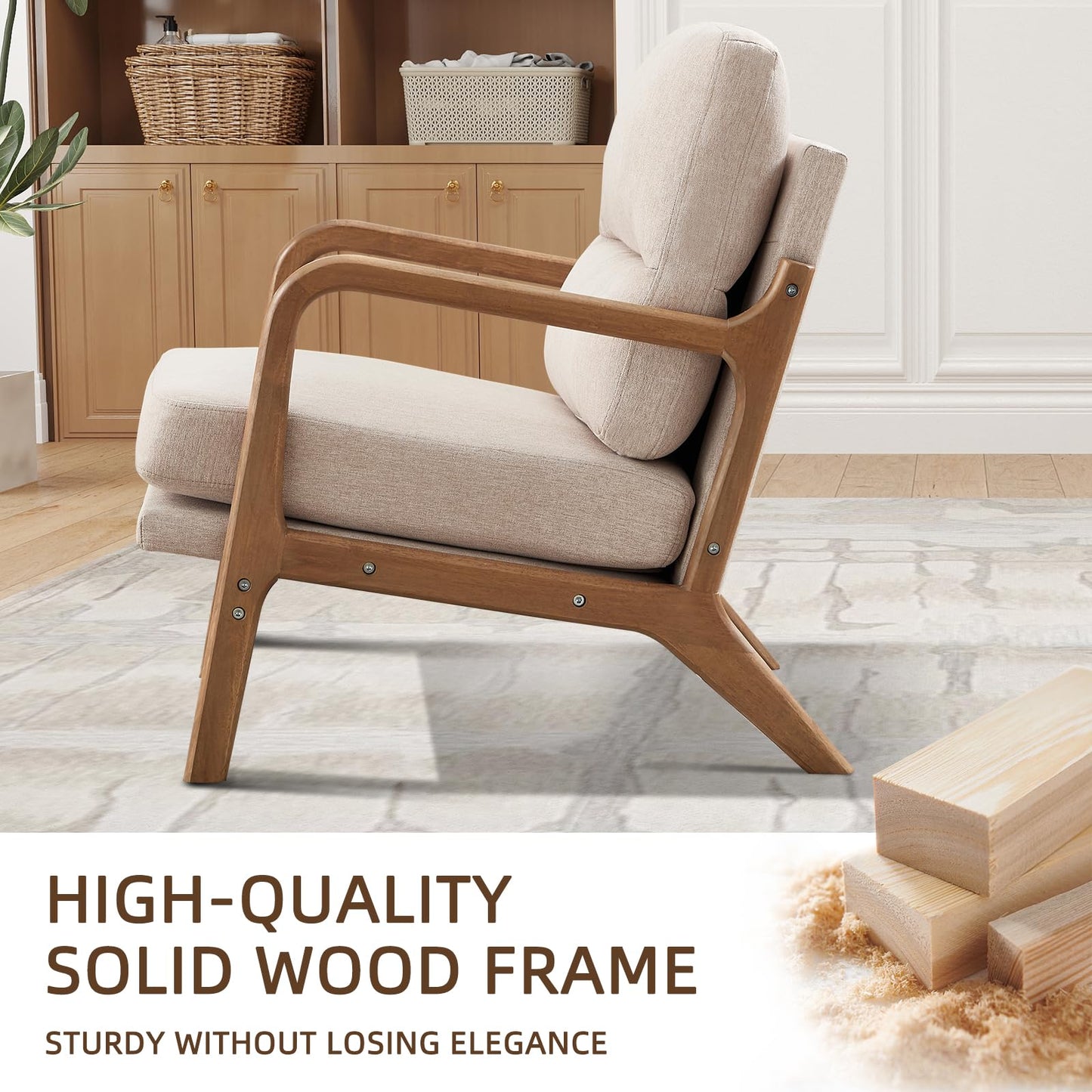 IOMOR Mid Century Modern Accent Chair with Solid Wood Frame Linen Fabric, Upholstered Living Room Chairs with Lumbar Cushion Padded Arms, Reading Armchair for Bedroom (1, Warm Beige)