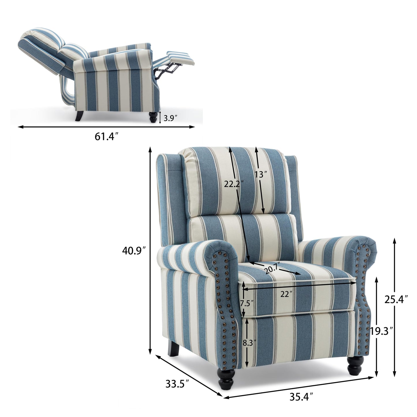 Pushback Recliner Chairs Set of 2, Comfy Fabric Wingback Recliner Chair, Upholstered Armchair Push Back Recliner with Wood Legs, Rivet Trim Accent Chair for Living Room, Bedroom, Blue Stripe