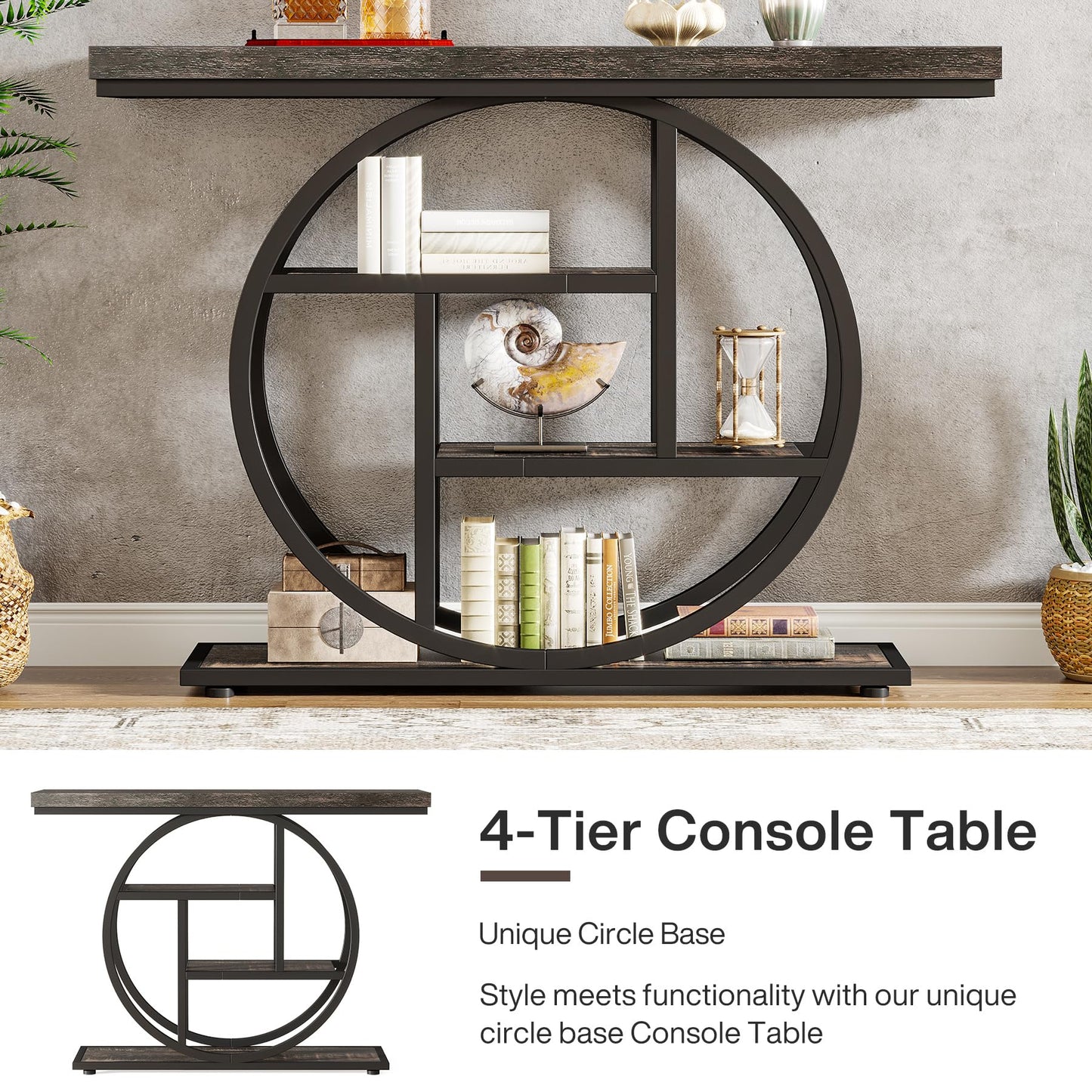 Tribesigns 41.3" Console Table, Industrial 4-Tier Sofa Table Entryway Table with Circle Base, Narrow Wood Accent Tables with Storage Shelves for Living Room, Hallway, Foyer, Rustic Brown