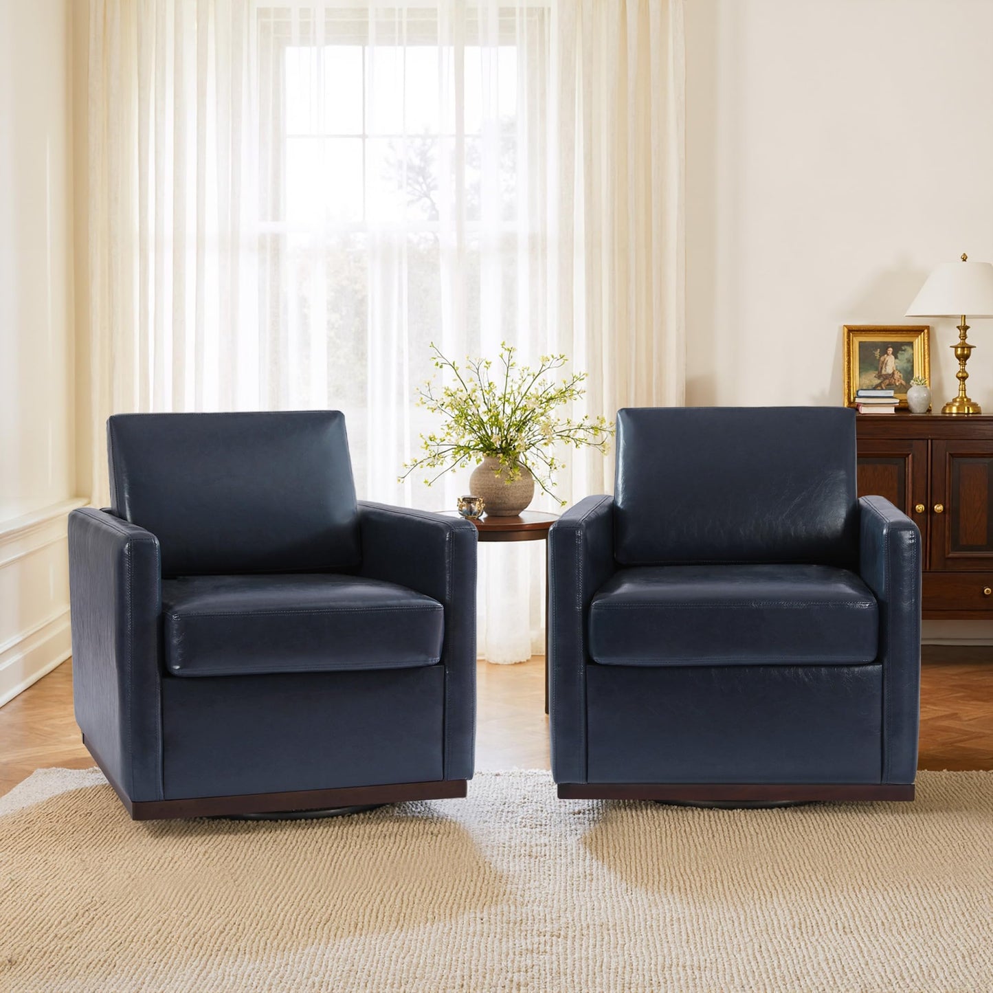 Faux Leather Swivel Accent Chairs Set of 2, 360° Swivel Upholstered Club Armchairs for Living Room, 31" Wide Square Single Sofa Reading Chair with Deep Seat, Metal Swivel Base, Navy