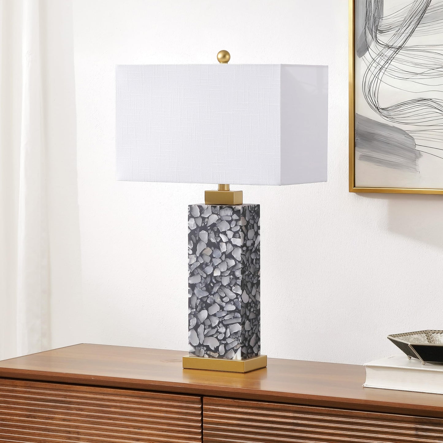 JONATHAN Y 24.25" Black/White Modern Alabaster LED Table Lamp for Home Decor, White Linen Shade, Coastal Nightstand Lamp with Built-in Base Accent Light (JYL8507A)