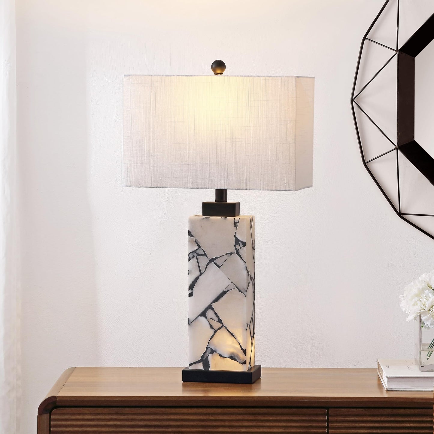 JONATHAN Y 24.25" Black/White Modern Alabaster LED Table Lamp for Home Decor, White Linen Shade, Coastal Nightstand Lamp with Built-in Base Accent Light (JYL8507A)