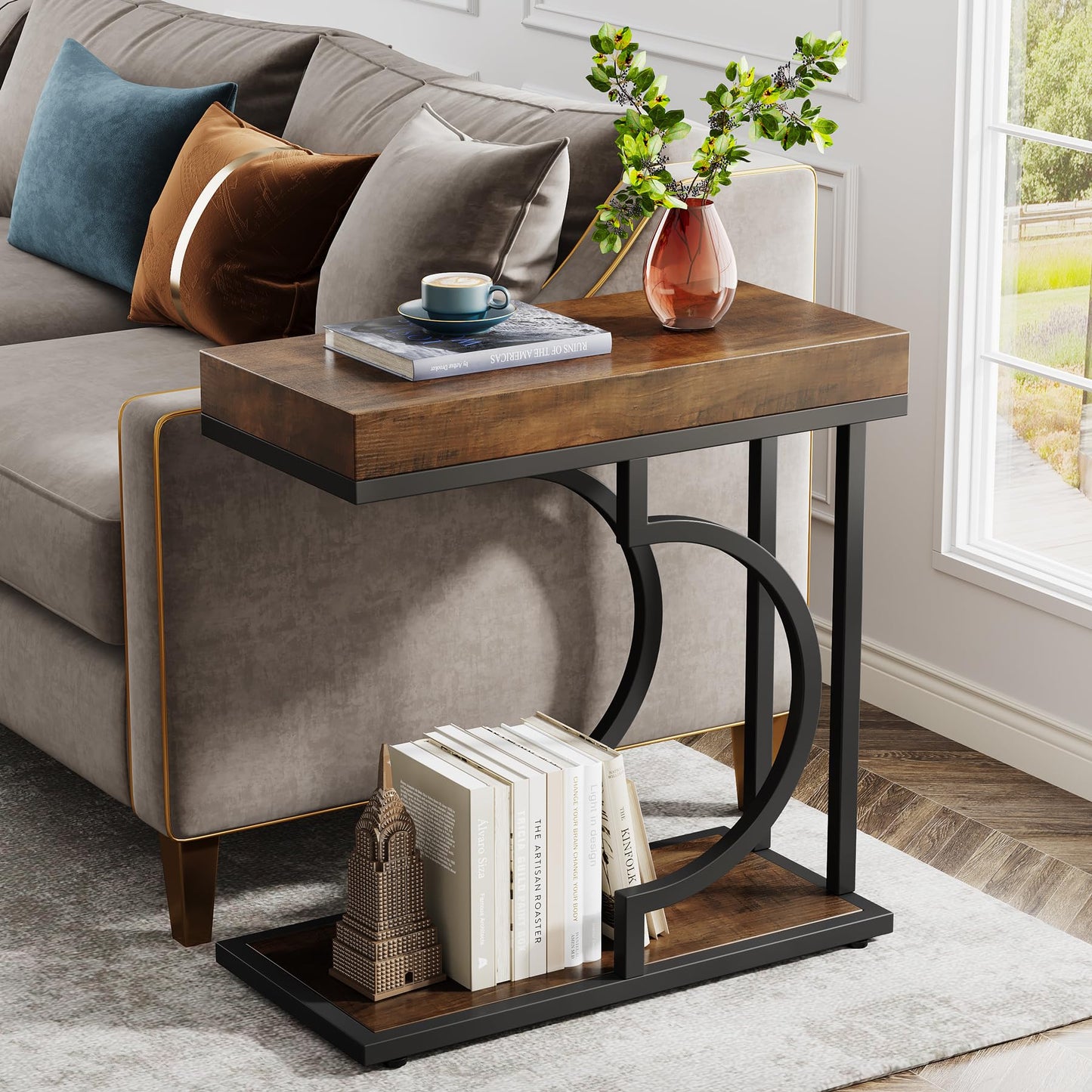 Tribesigns Narrow Side Table for Couch, C Shaped End Table with Metal Frame, Modern Bedside Tables, Small Sofa Tables for Small Spaces, Living Room (1, Brown+Black)