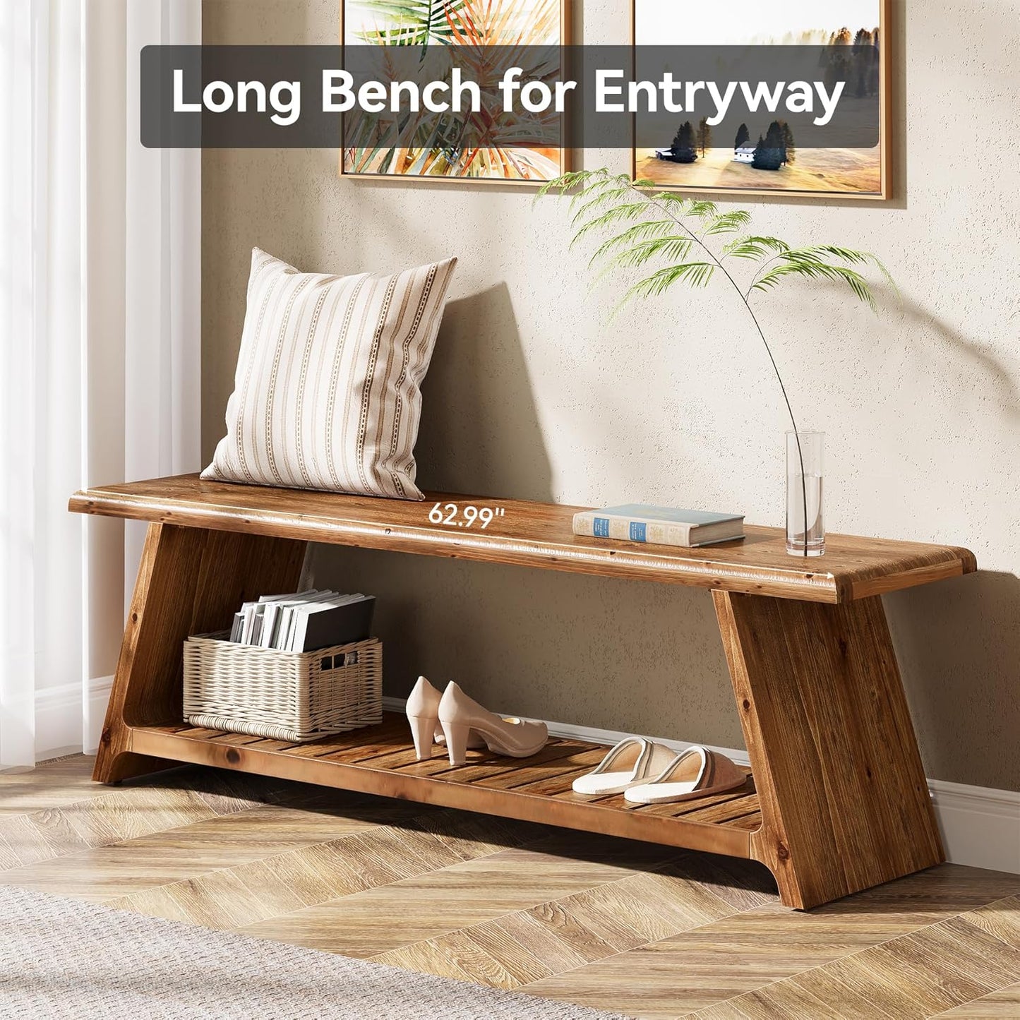 63-Inch Long Solid Wood Entryway Bench, Farmhouse Narrow Shoe Bench Seat, End of Bed with Storage for Entry, Hallway, Indoor, Living Room, Dark Walnut Brown