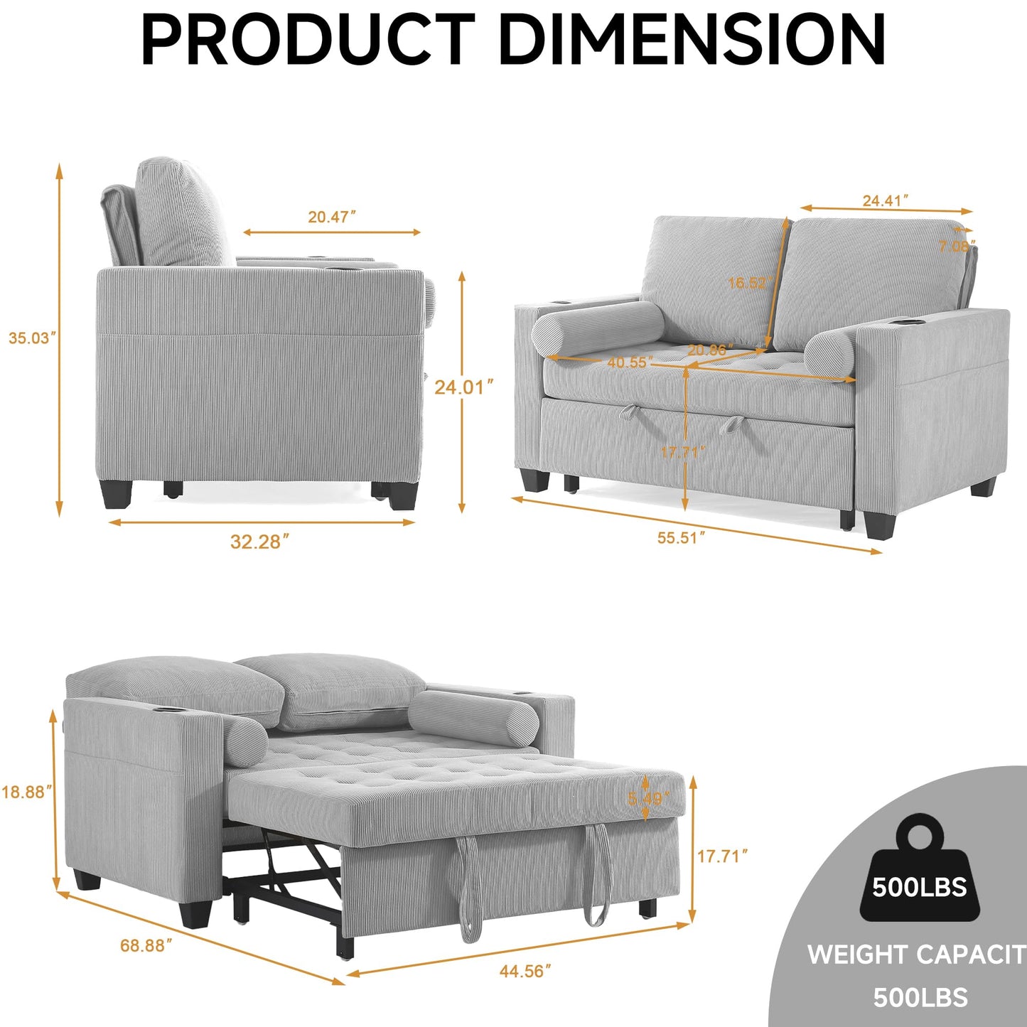 Sleeper Sofa Chair Bed, 3-in-1 Convertible Sleeper Chair with Pull Out Bed, Comfy Corduroy Sofa Bed Couch with Reclining Adjustable Backrest, USB Ports, Cup Holder, Side Pocket (Gray, 38.8")