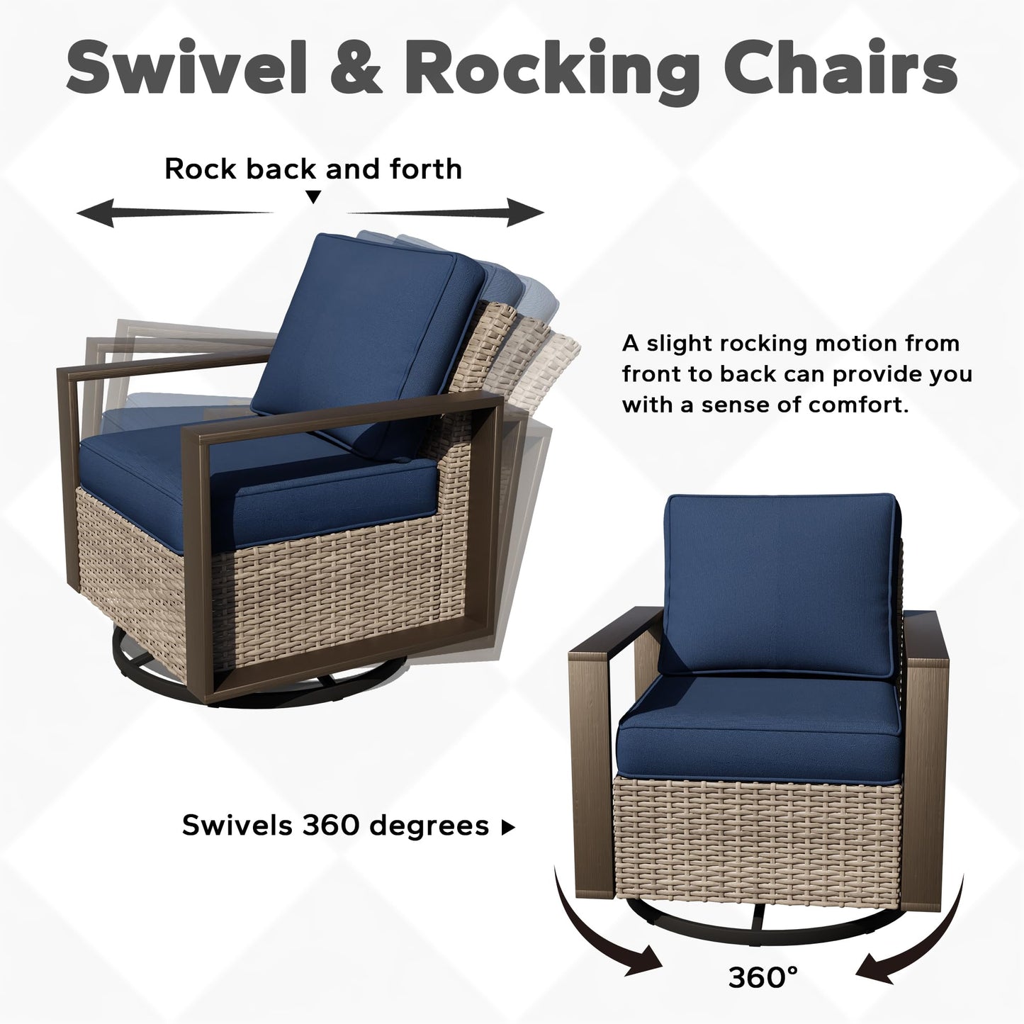 Joyside Outdoor Patio Swivel Rocker Chairs, 3 Pieces Wicker Furniture Set, 2 Swivel Rocking Chairs and 1 Table, Metal Wide Armrest, Thick Cushions and Deep Seating for Garden, Backyard, Porch, Deck