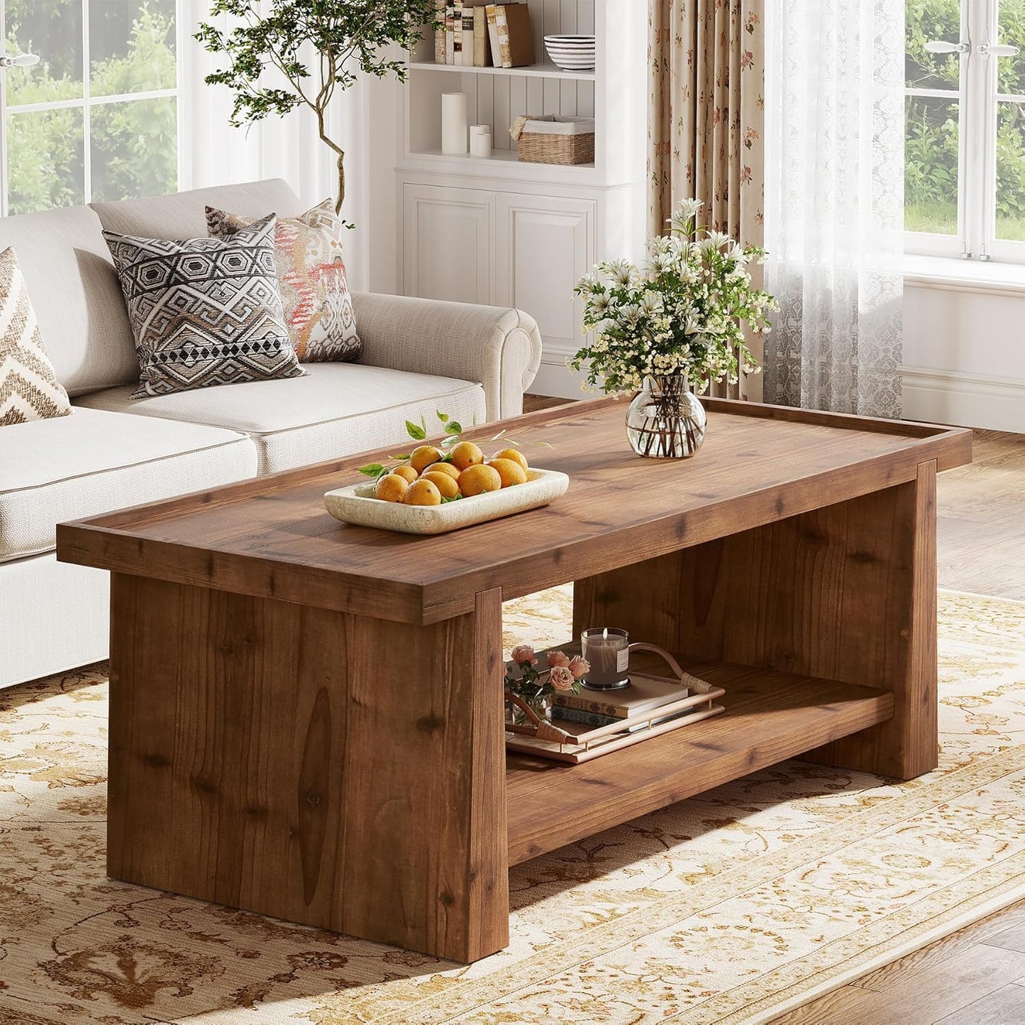 47" Solid Wood Coffee Table with Storage, Farmhouse Rectangular Coffee Table with 2-Tier Shelf & Raised Edge, Living Room Center Table, Rustic Brown