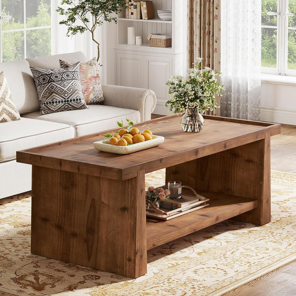 47" Solid Wood Coffee Table with Storage, Farmhouse Rectangular Coffee Table with 2-Tier Shelf & Raised Edge, Living Room Center Table, Rustic Brown