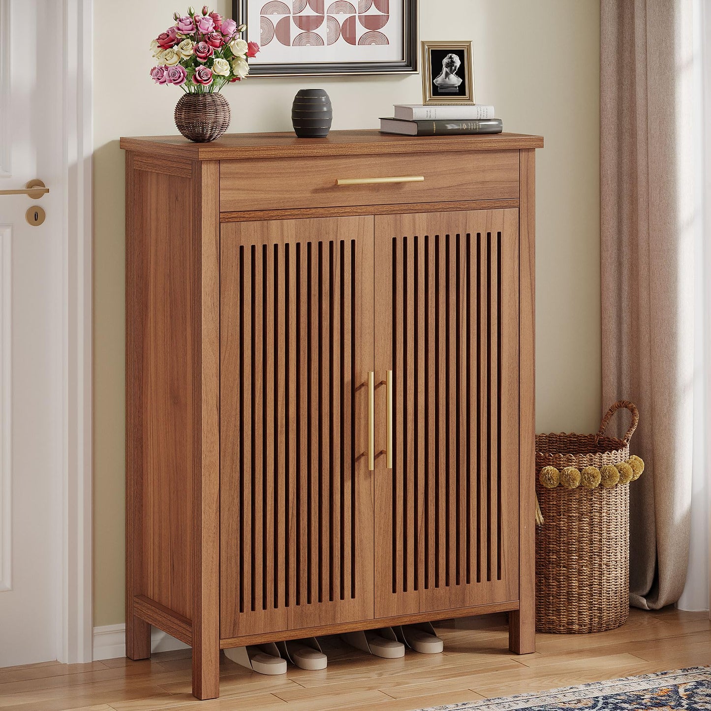 Tribesigns Shoe Cabinet, 5-Tier Shoe Storage Cabinet with Louvered Doors and Drawer, Freestanding Wooden Shoe Rack Organizer with Adjustable Shelves for Entryway, Hallway, Closet, Brown