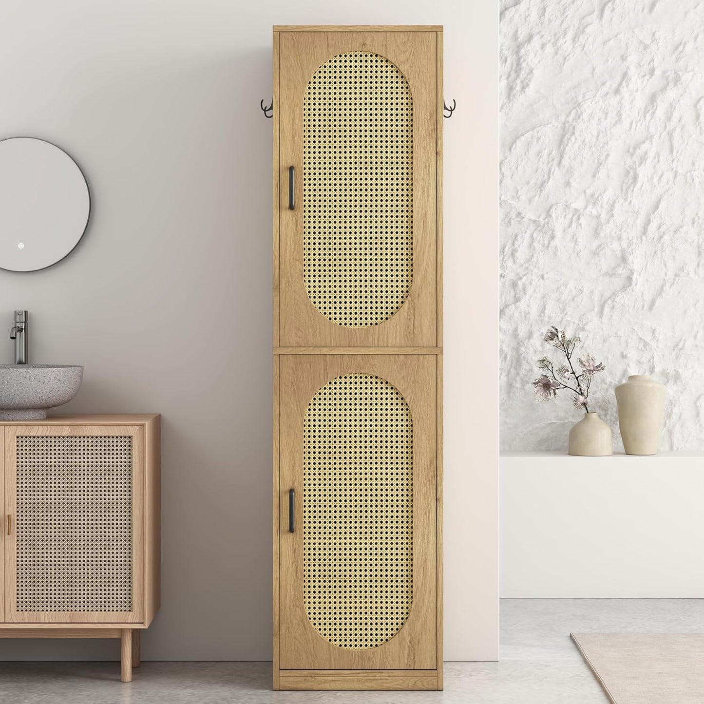 Epecoya Tall Bathroom Storage Cabinet with Rattan Doors for Toilet, 66-Inch Narrow Bath Room Organizer Space-Saving Floor Cabinets with Adjustable Shelves and 4 Hooks for Restroom, Small Spaces, Brown
