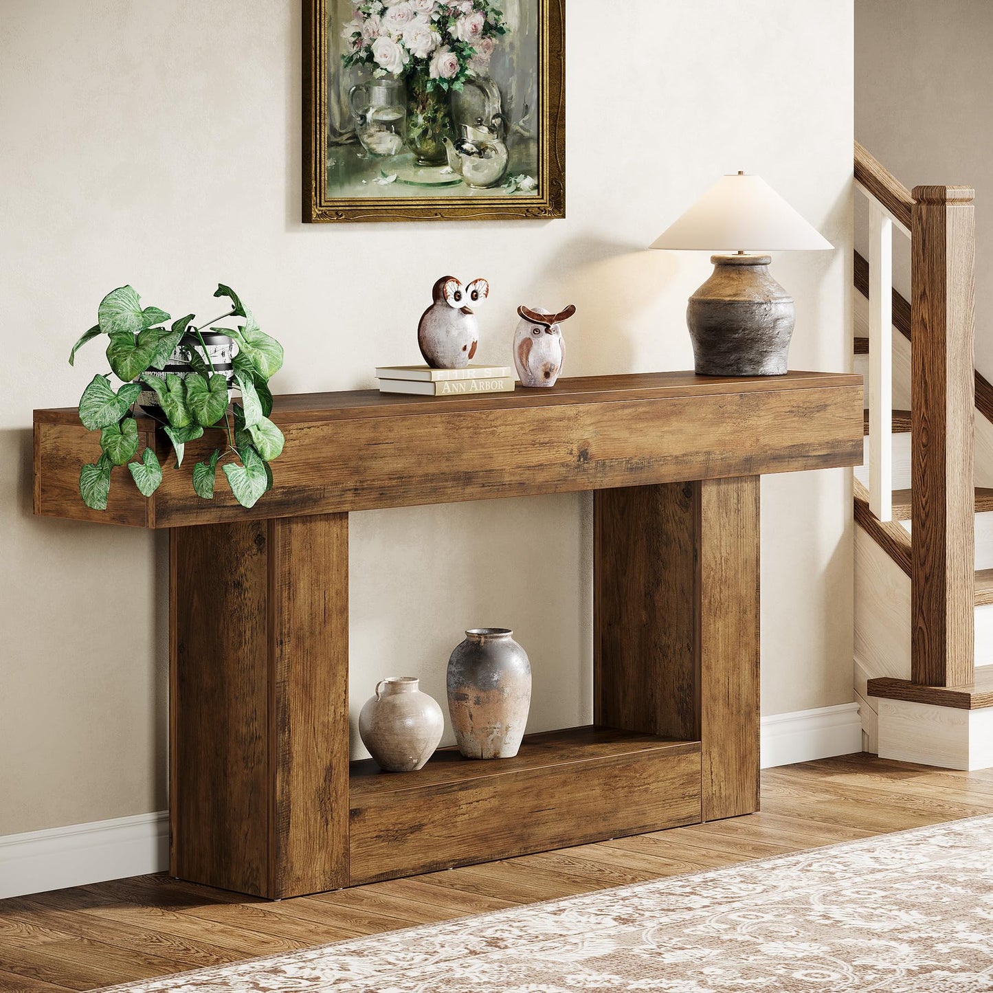 Tribesigns 63" Console Table, Farmhouse 2-Tier Entryway Table with U-Shaped Base, Narrow Long Wood Sofa Table Behind Couch Table for Living Room, Hallway, Foyer, Vintage Brown & Gray | Farmhouse