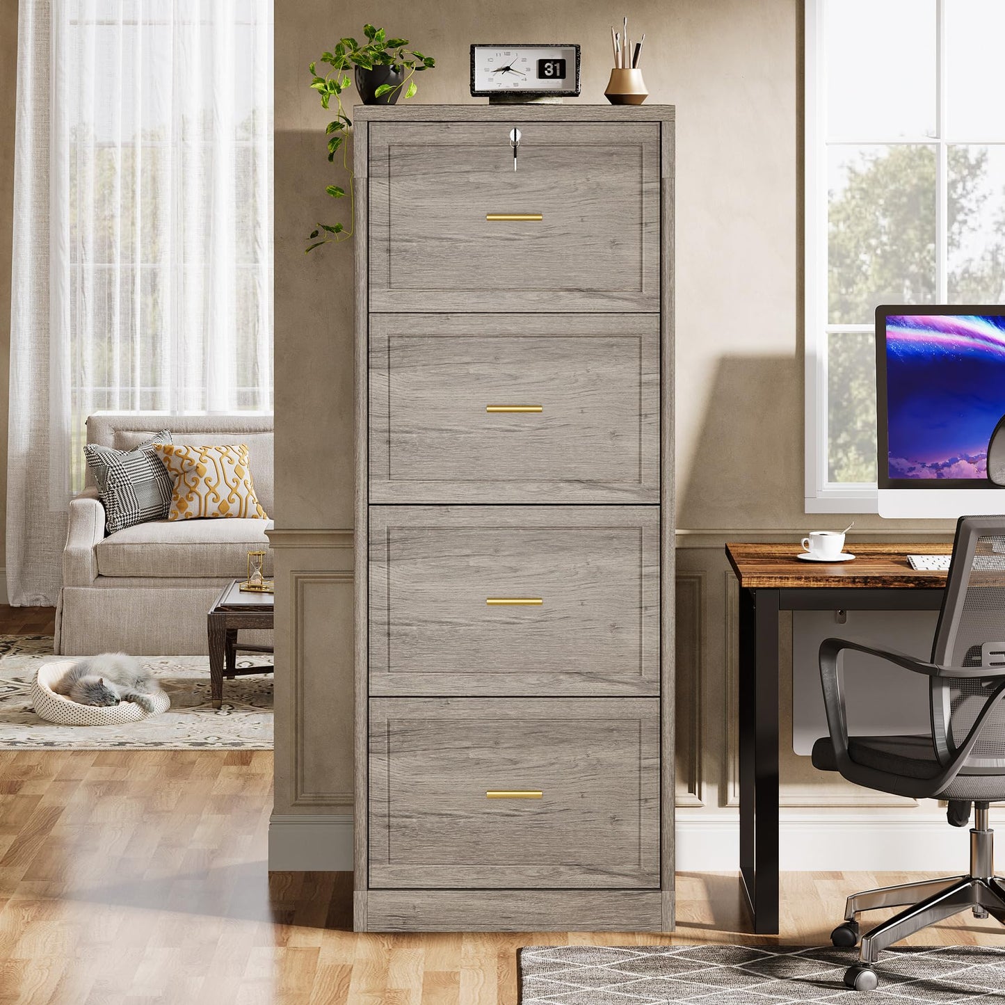 Tribesigns 4-Drawer File Cabinet with Lock, Locked File Cabinet with Key, Tall Wooden Filing Cabinets for Home Office, Vertical Office Storage for Legal Size/Letter/A4/Files, Brown