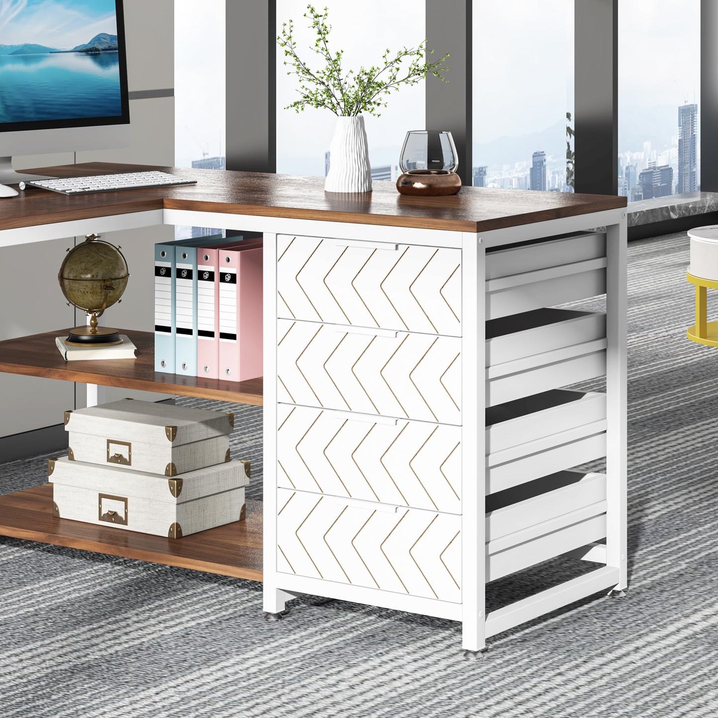 Tribesigns L Shaped Computer Desk with Storage Drawers, 59 inch Corner Desk with Shelves, Reversible L-Shaped Office Desk Study Writing Table Workstation for Home Office, Walnut & White