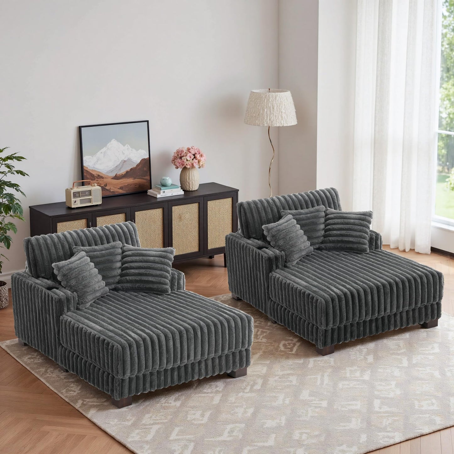 59" Chaise Lounge Chair Indoor, Upholstered Oversized Sleeper Sofa Bed Reading Chairs with 3 Soft Pillows & 2 Cup Holders, Comfy Cloud Deep Seat Sofa for Living Room Bedroom, Set of 2, Navy