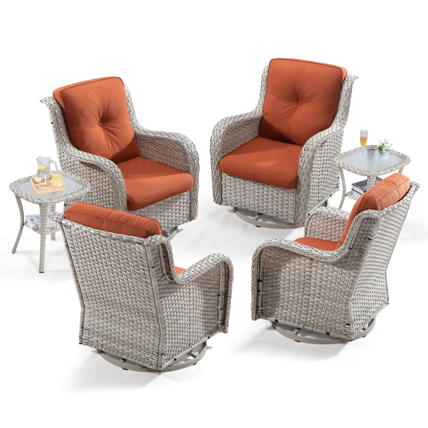Joyside Outdoor Swivel Rocker Patio Chairs Set of 2 and Matching Side Table - 3 Piece Wicker Patio Bistro Set with Premium & Soft Fabric Cushions(Light Grey/Red)