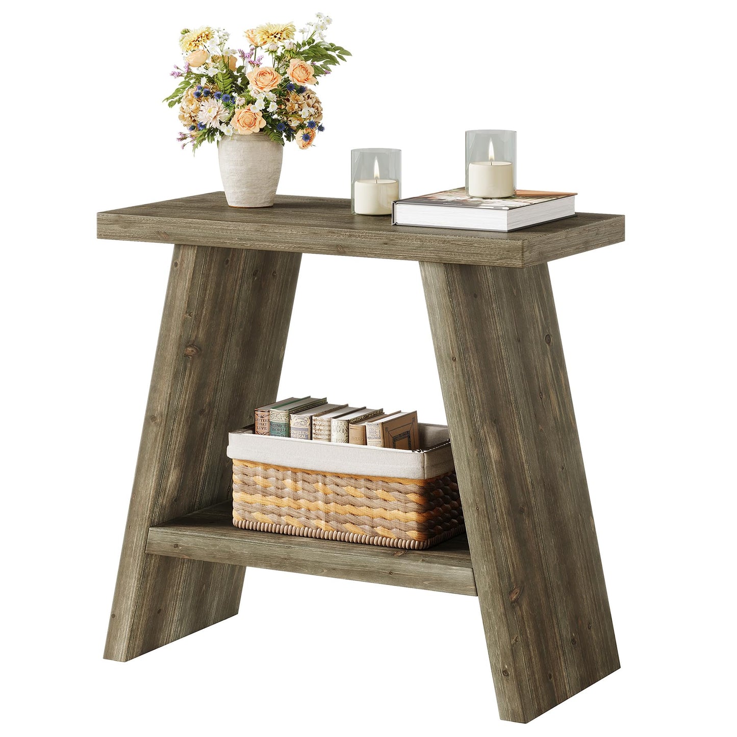 Solid Wood End Table for Living Room, Narrow Small Side Table with 2-Tier Storage, Farmhouse Bedside Nightstand for Bedroom, Small Places, Rustic Brown (1PCS)