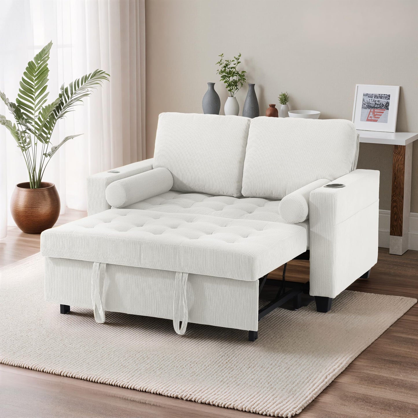 Sleeper Sofa Chair Bed, 3-in-1 Convertible Sleeper Chair with Pull Out Bed, Comfy Corduroy Sofa Bed Couch with Reclining Adjustable Backrest, USB Ports, Cup Holder, Side Pocket (Gray, 38.8")