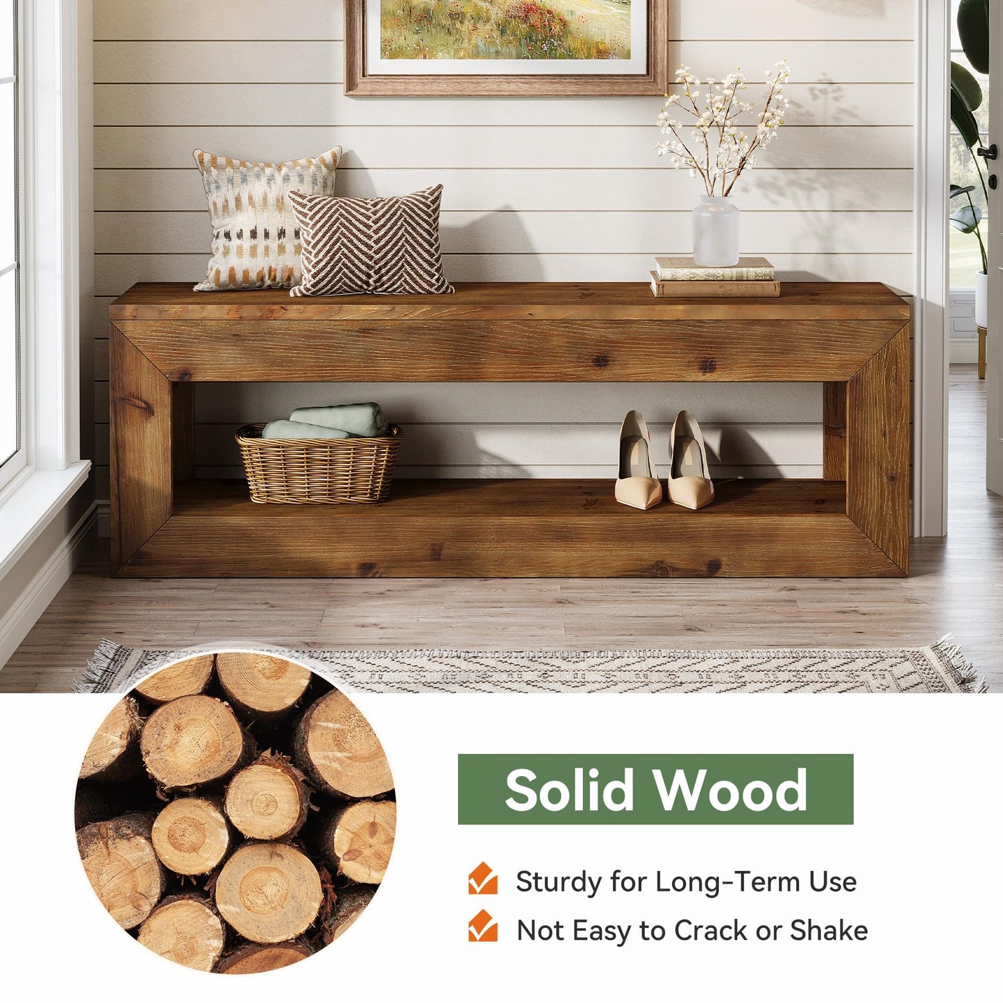Solid Wood Entryway Bench, 47" Rustic Farmhouse Indoor Bench Seat with Storage Shelf for Entrance, Hallway, End of Bed