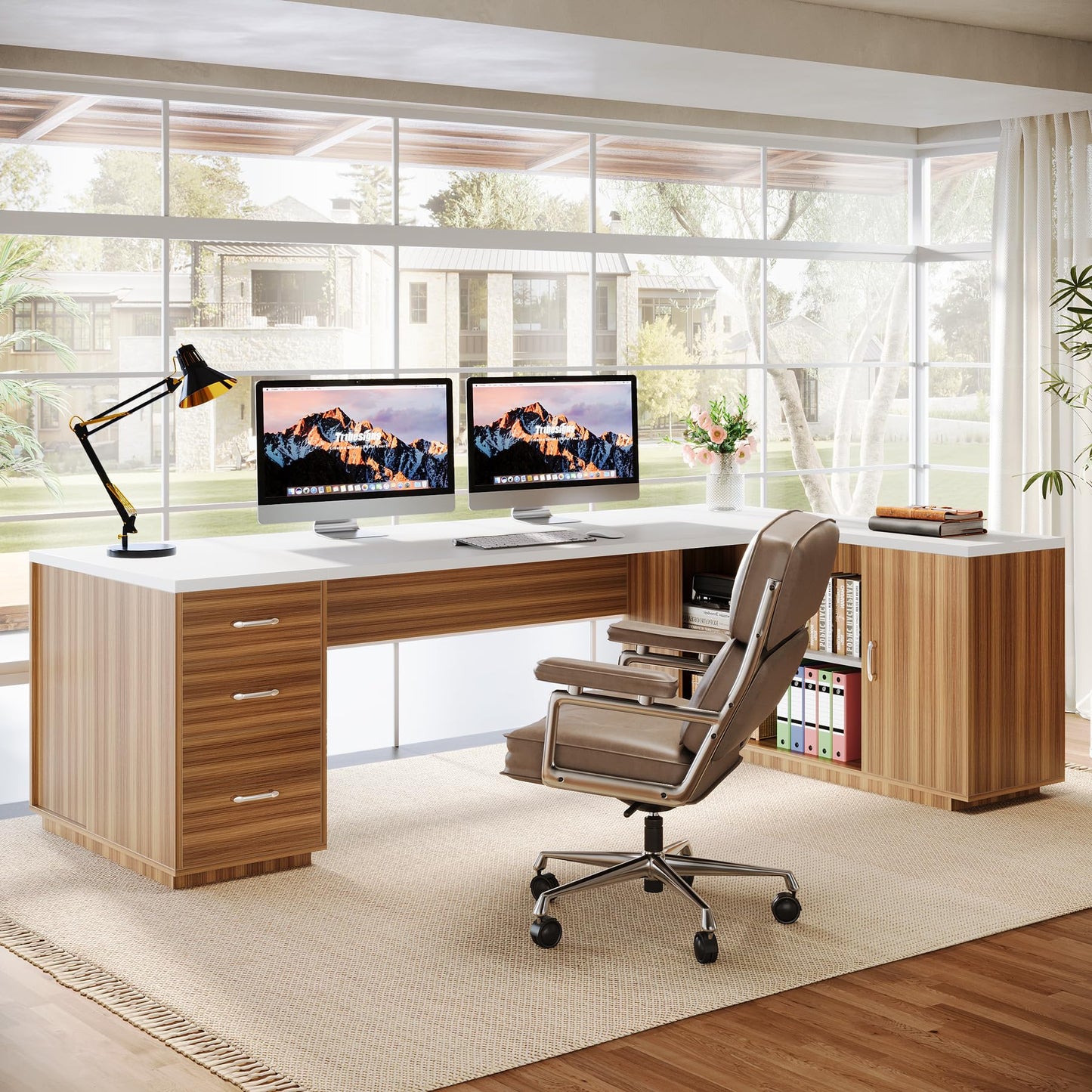 Tribesigns 85.8-Inch L-Shaped Executive Desk with File Drawers, Door Cabinet & Shelves, Extra Large Commercial Office Desk, Modern Professional Office Table, Business Furniture, Warm Brown & Black