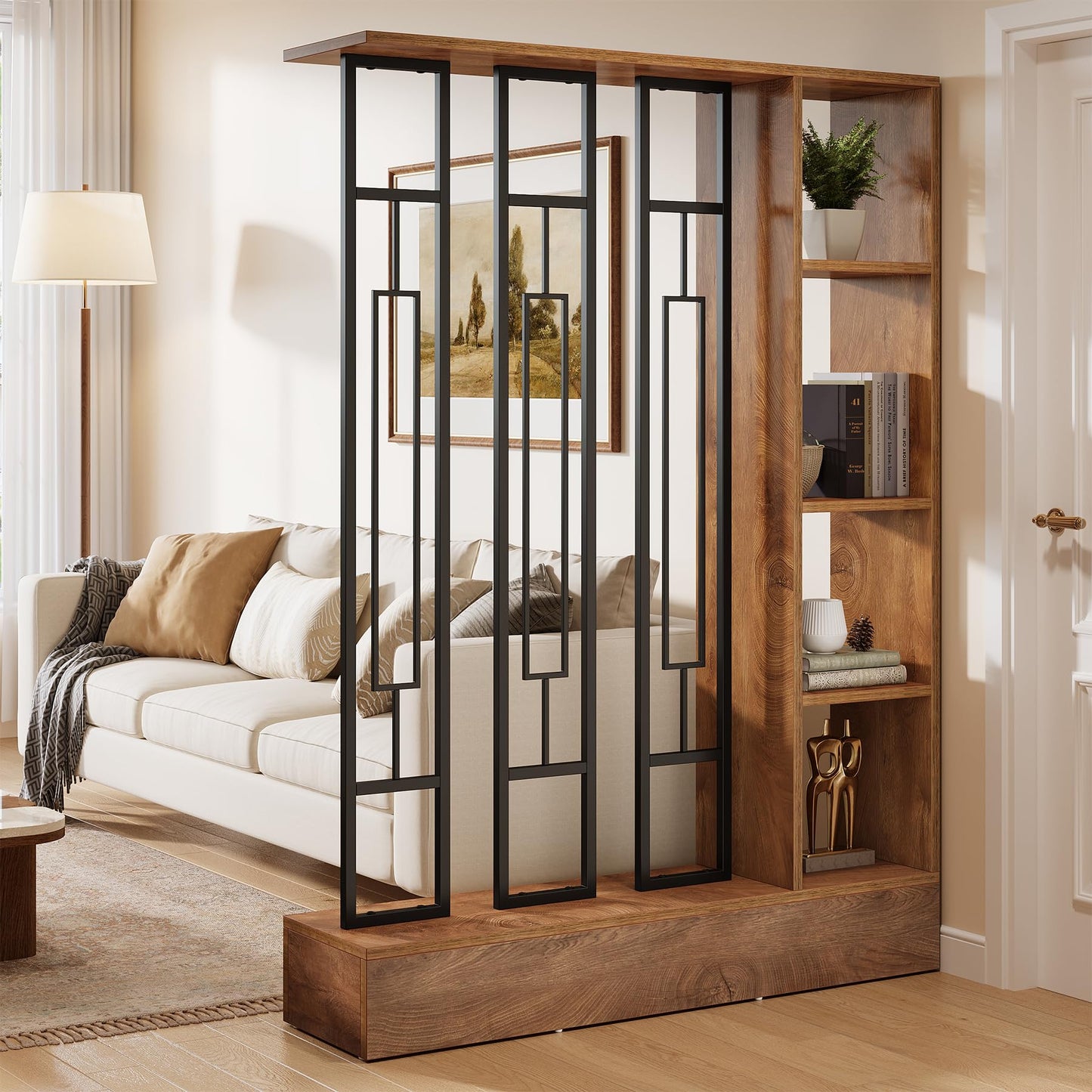 Tribesigns Wall Room Divider with Display Shelves, 70.9" Modern Freestanding Room Divider Screen with Sturdy Base, Wall Partition for Home & Office (Brown & Black, 47.2" W x 11.8" D x 70.9" H)