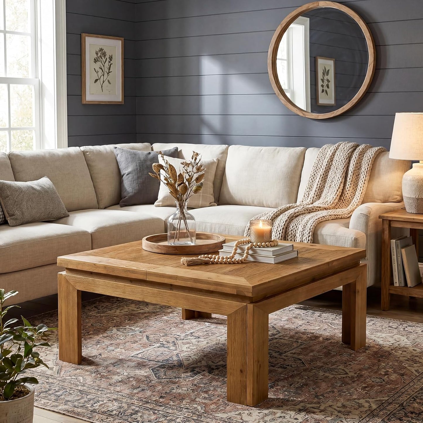 Solid Wood Square Coffee Table, 39.4" x 39.4" Farmhouse Cocktail Center Table with Recessed Edge Design, Easy Assembly, Living Room, Natural Brown