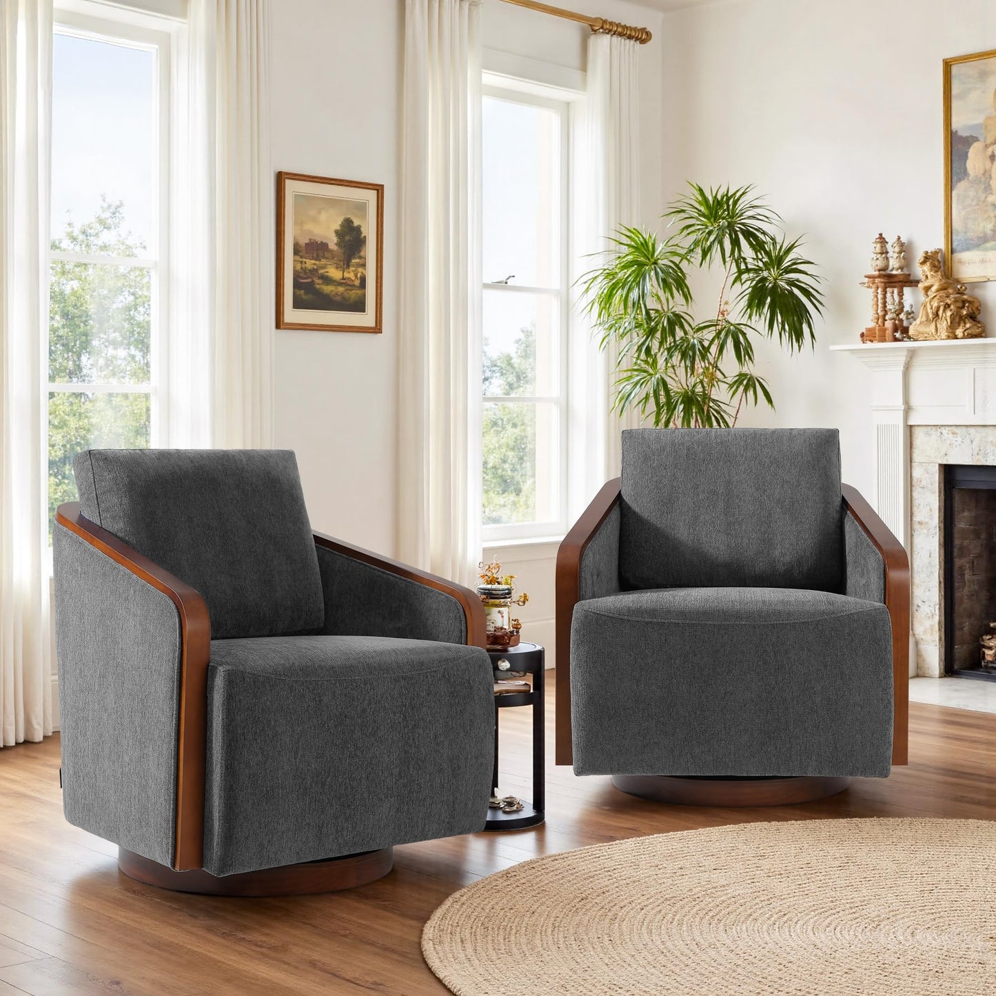 360° Swivel Barrel Chairs Set of 2, Upholstered Swivel Round Barrel Chair, Comfy Chenille Fabric Single Club Armchair Accent Chair for Living Room, Reading Room, Bedroom, Beige Brown
