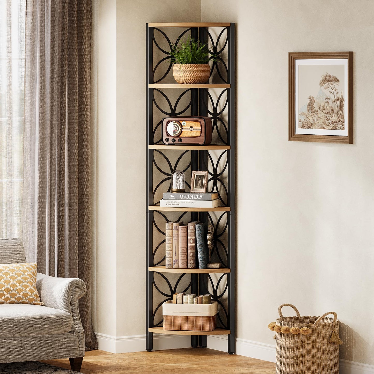 Tribesigns 6-Tier Corner Shelf, 70.9" Rustic Corner Bookshelf Display Shelf for Living Room, Wooden Shelving Unit Plant Stand Storage Rack for Bedroom, Bathroom, Small Space, Rustic Brown
