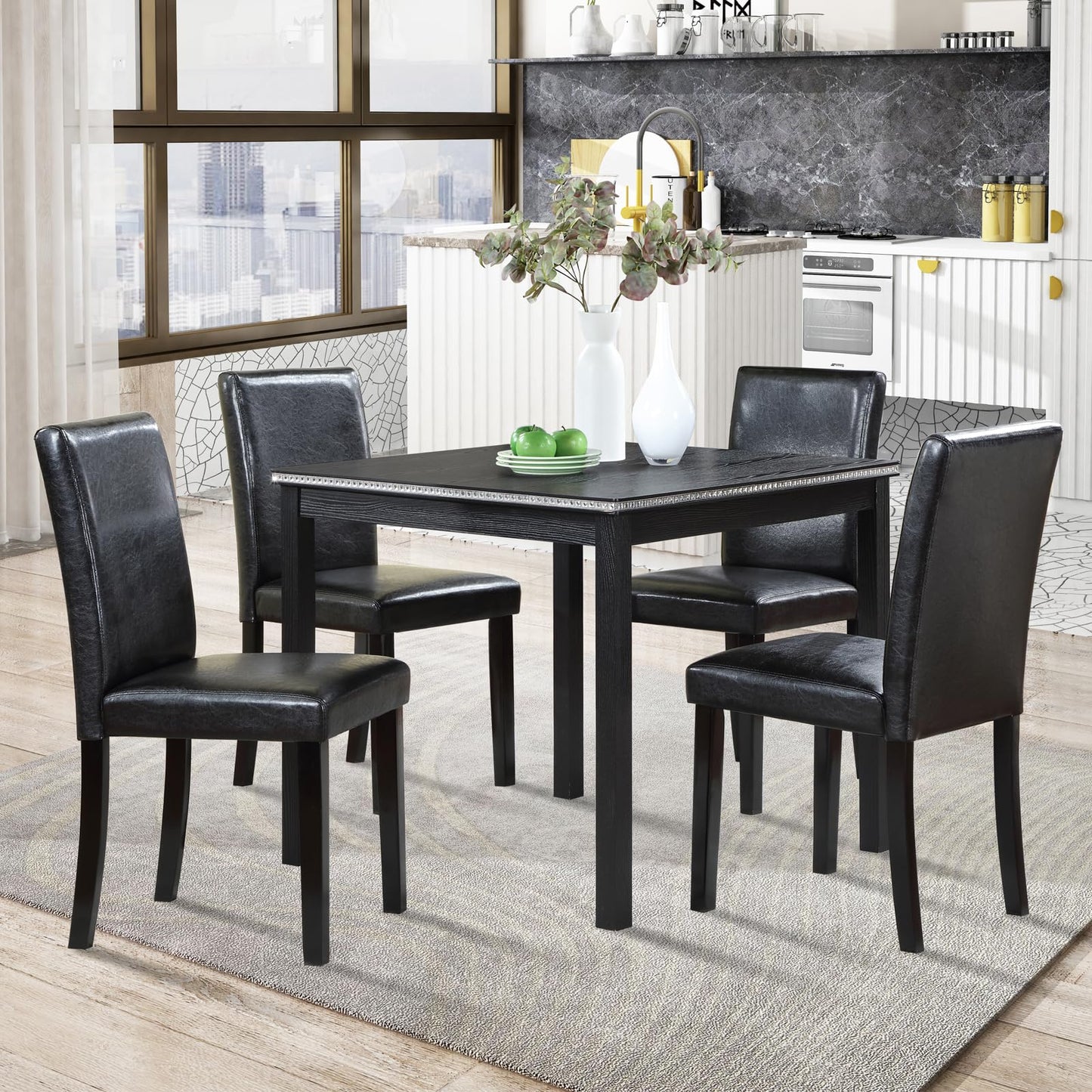 LKTART 5-Piece Kitchen & Dining Room Table and Chairs Sets,Small Square Kitchen Table with 4 Upholstered XX-Shaped Backrest Chairs,Walnut