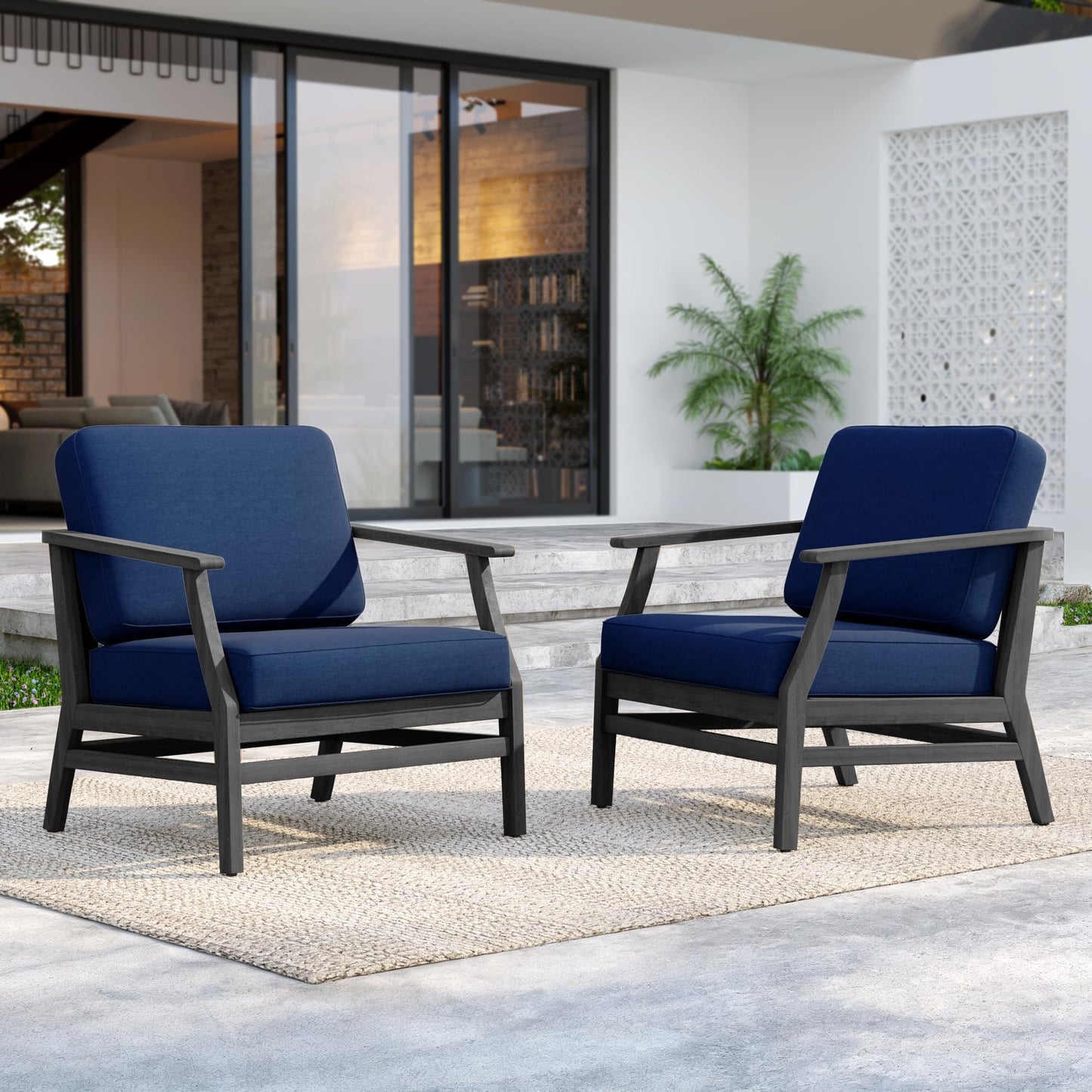 Outdoor Patio Armchairs, 2 Pieces Solid Wood Patio Furniture Sets with Washable Thick Cushions, All-Weather Outdoor Sofa Chairs for Backyard, Garden, Poolside, Natural Frame & Dark Gray Cushion