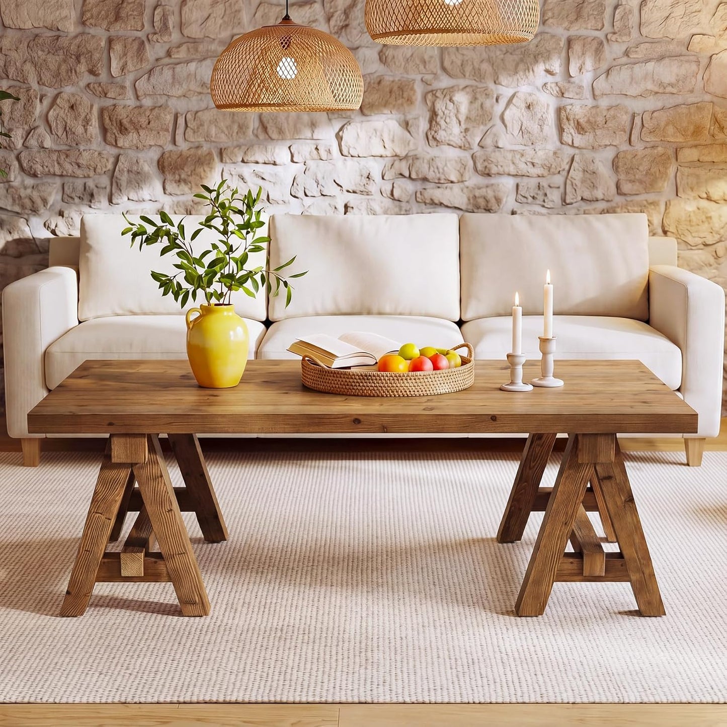 Solid Wood Coffee Table, 47" Rustic Farmhouse Center Table, Natural Wood Rectangular Coffee Tea Accent Furniture with Trestle Base & Spacious Tabletop for Living Room, Lounge, Home Office