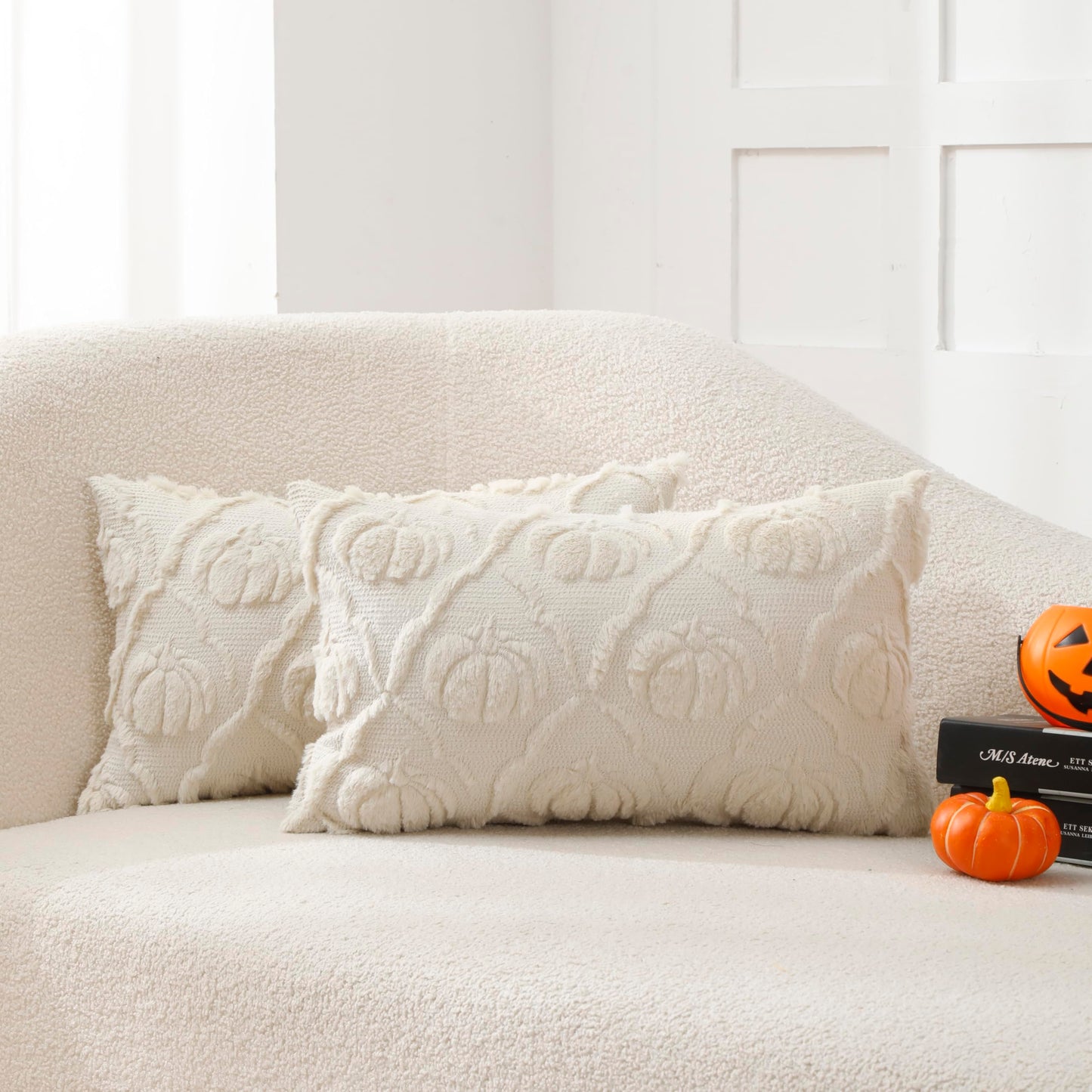 VAKADO Halloween Fall Throw Pillow Covers 18x18 Set of 2 Pumpkin Autumn Couch Thanksgiving Home Decorations Kitchen Decor Plush Embroidered Velvet Cushion for Farmhouse Bed Sofa Living Room,Cream