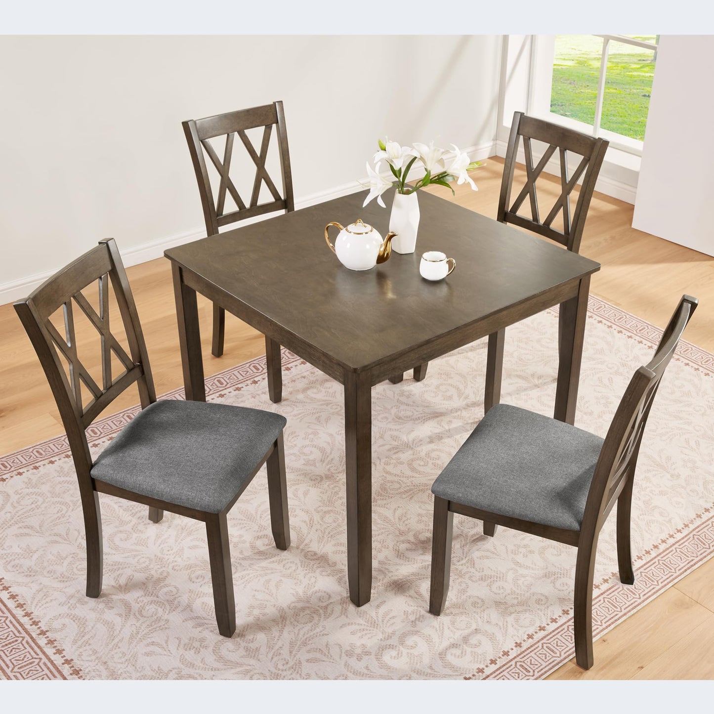 LKTART 5-Piece Kitchen & Dining Room Table and Chairs Sets,Small Square Kitchen Table with 4 Upholstered XX-Shaped Backrest Chairs,Walnut