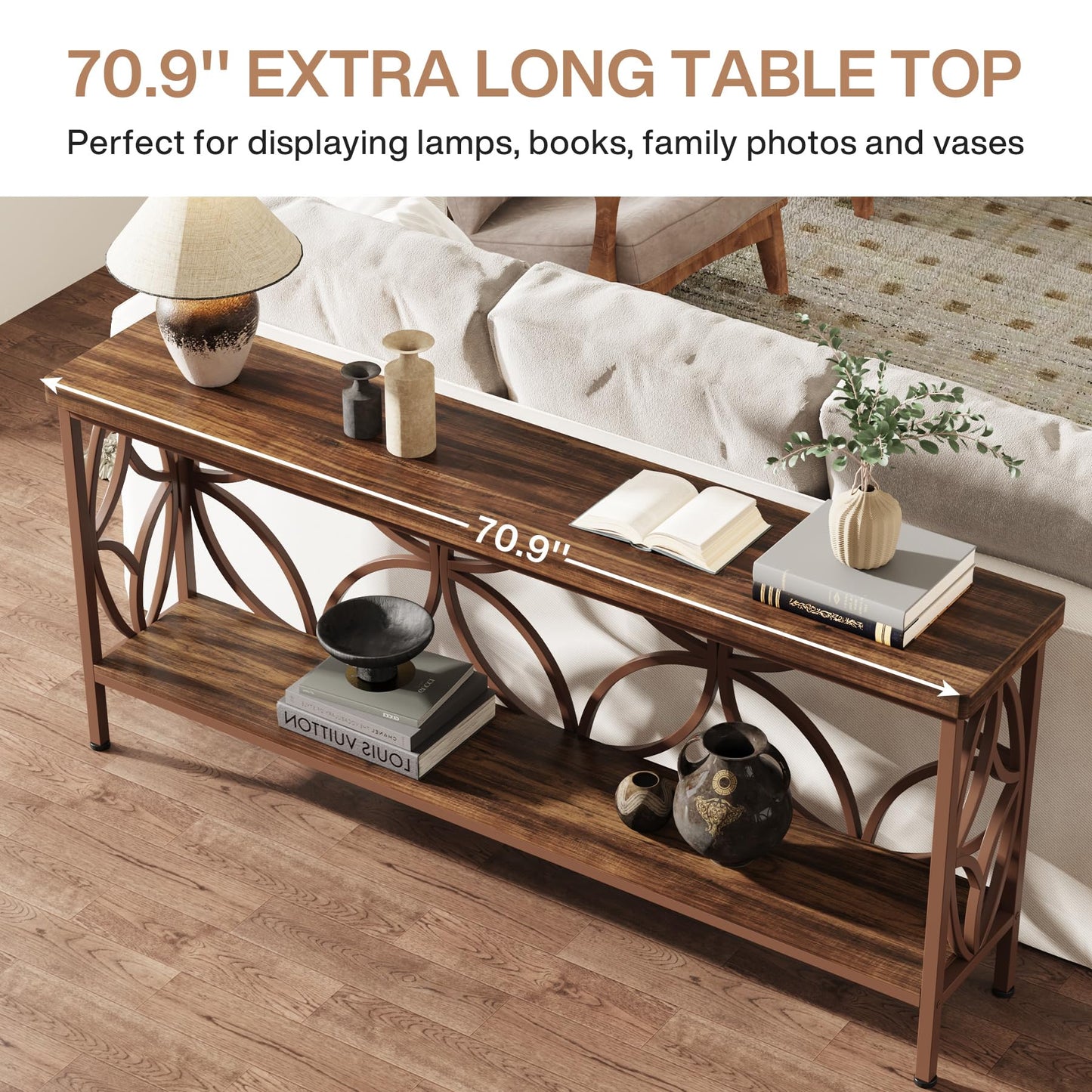 Tribesigns 70.9-Inch Narrow Sofa Table, Industrial Long Sofa Table Behind Couch, Entry Console Table with Storage for Entryway, Living Room, Foyer, Unique Design, Rustic Brown