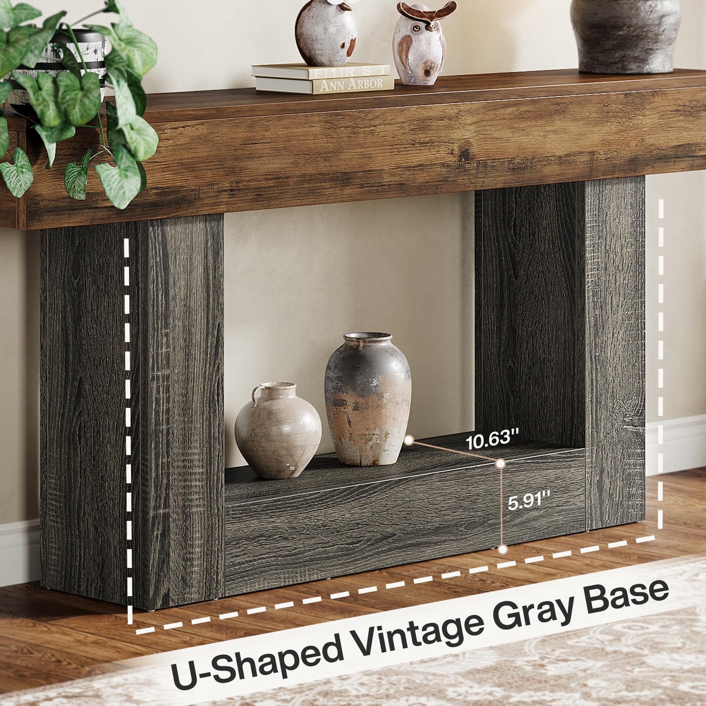 Tribesigns 63" Console Table, Farmhouse 2-Tier Entryway Table with U-Shaped Base, Narrow Long Wood Sofa Table Behind Couch Table for Living Room, Hallway, Foyer, Vintage Brown & Gray | Farmhouse
