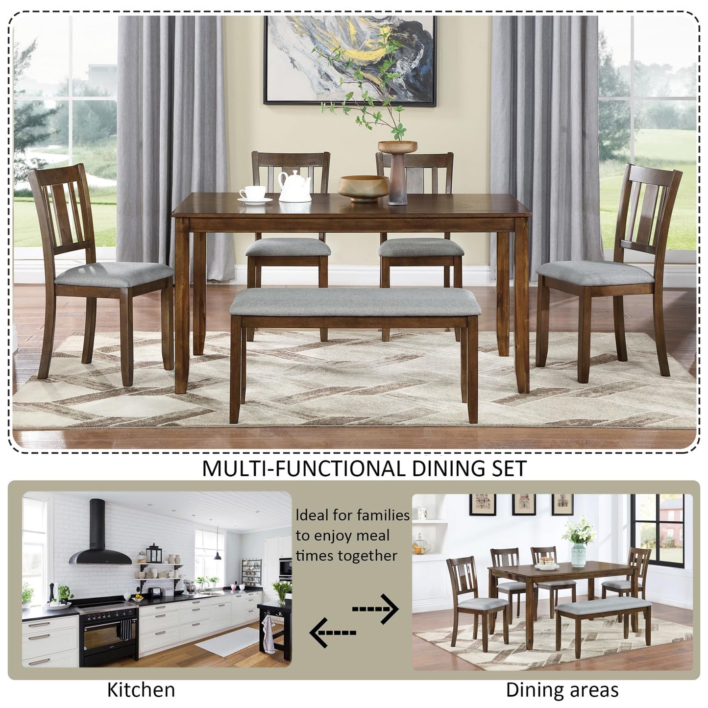 LKTART 6 Piece Kitchen Dining Set, 58.5" Rectangular Wooden Dinner Table with 4 Upholstered Chairs and a Bench for Living Room, Home Bar and Kitchen, Walnut