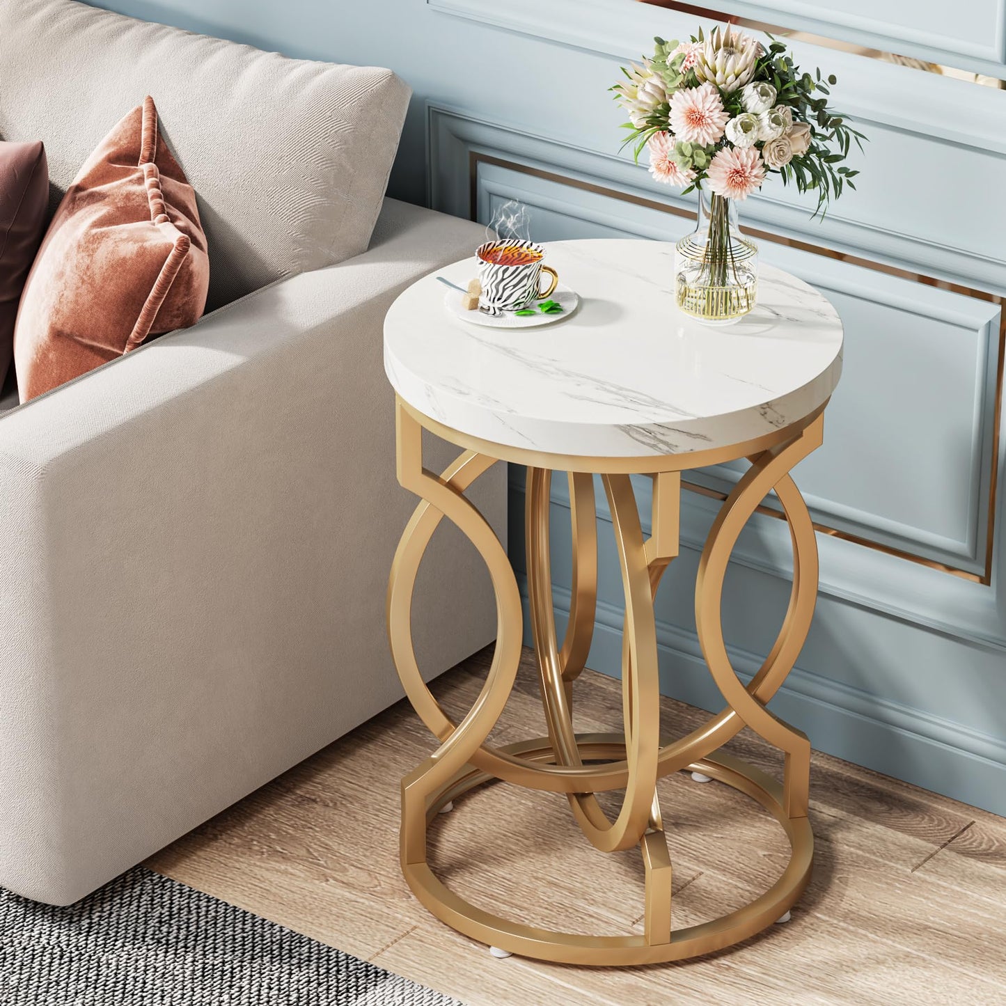 Tribesigns Modern Round End Table Set of 2 with Thickened Tabletop, 20" Gold Side Table with Unique O-Shaped Metal Base, Midcentury Nightstand for Living Room Bedroom, White + Gold