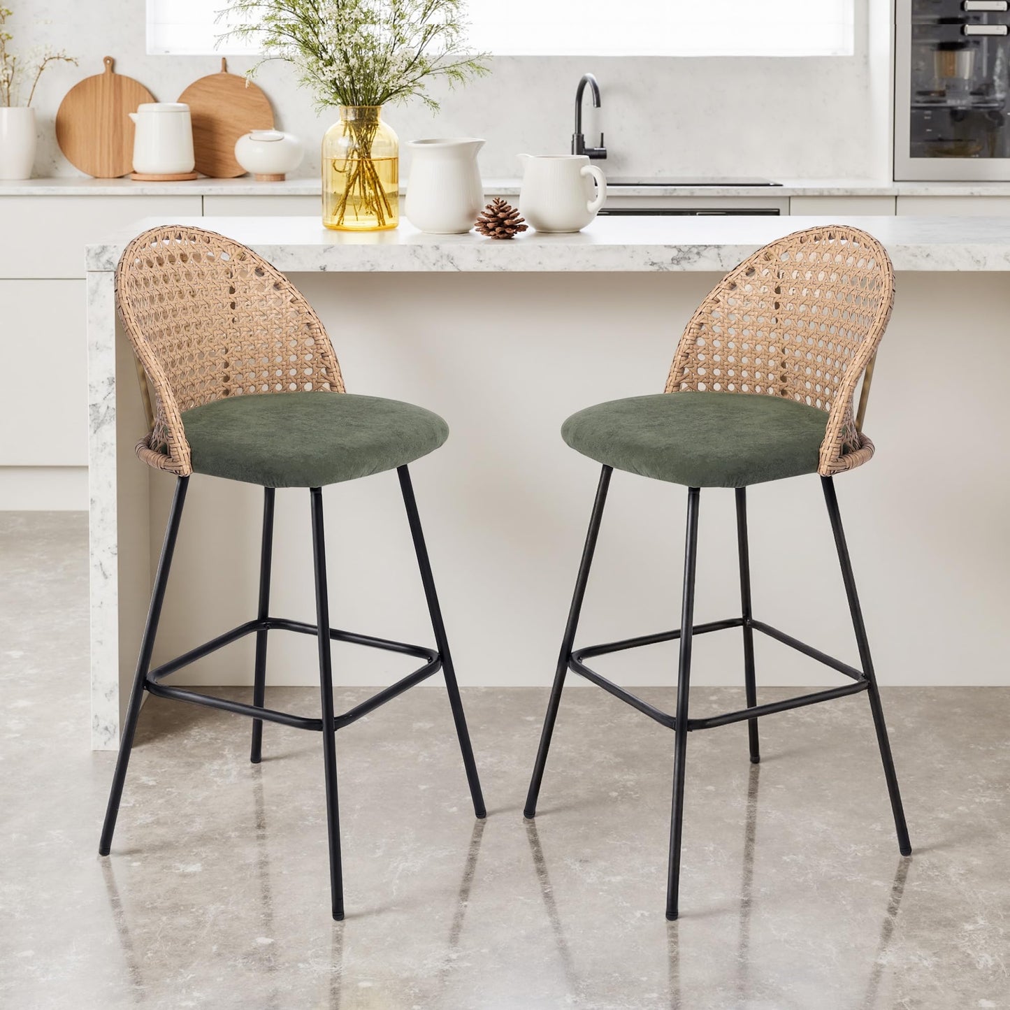 28.7" Swivel Bar Stools Set of 2, Mid Century Modern Counter Height Barstools with Rattan Backrest, Upholstered Chenille Armless Bar Chair Island Stools for Kitchen Island, Bar, Beige