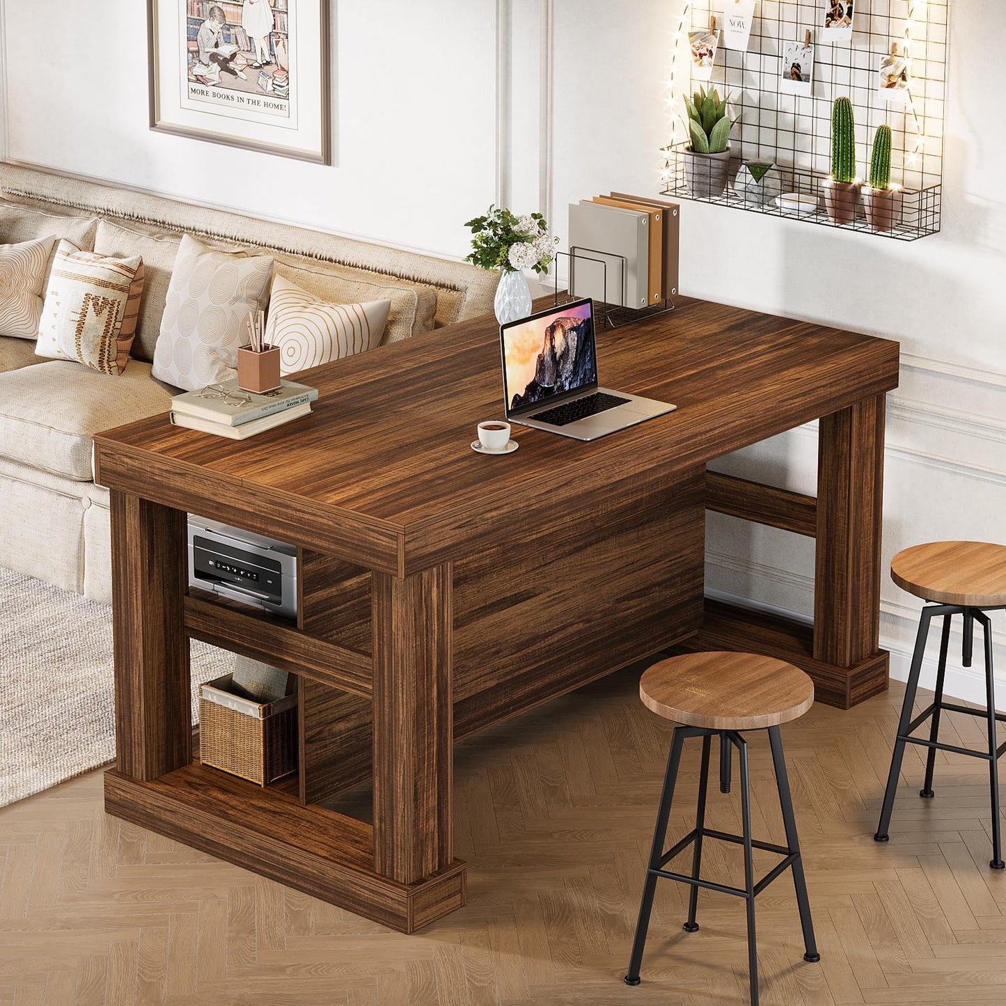 Tribesigns 55" Kitchen Island with Seating and Storage, 3-Tier Farmhouse Wood Stationary Island Table with Large Worktop & Leg Room, Coffee Bar Table with Storage Shelves for Kitchen, White and Brown