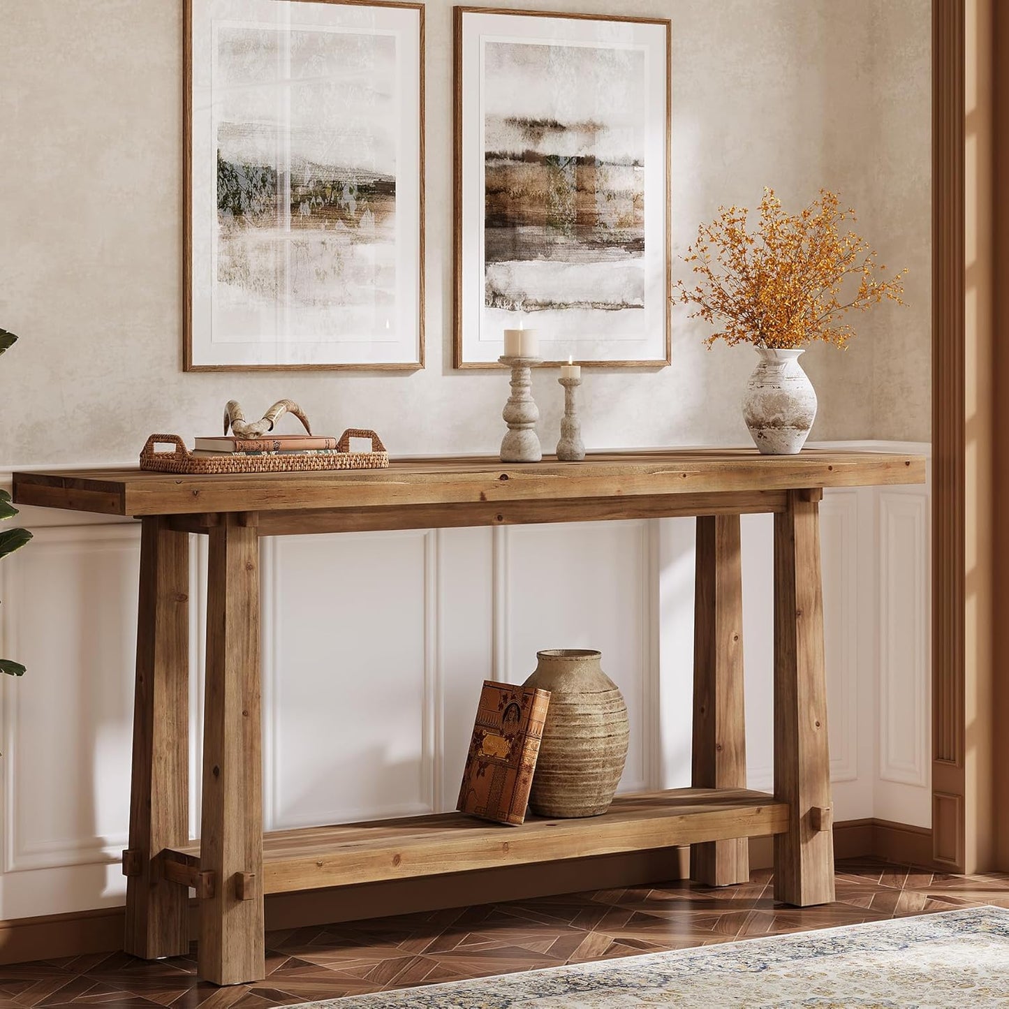 63" Solid Console Table, Farmhouse 2-Tier Wood Entryway Sofa Table for Living Room, Hallway, Easy Assembly, Natural Rustic Brown